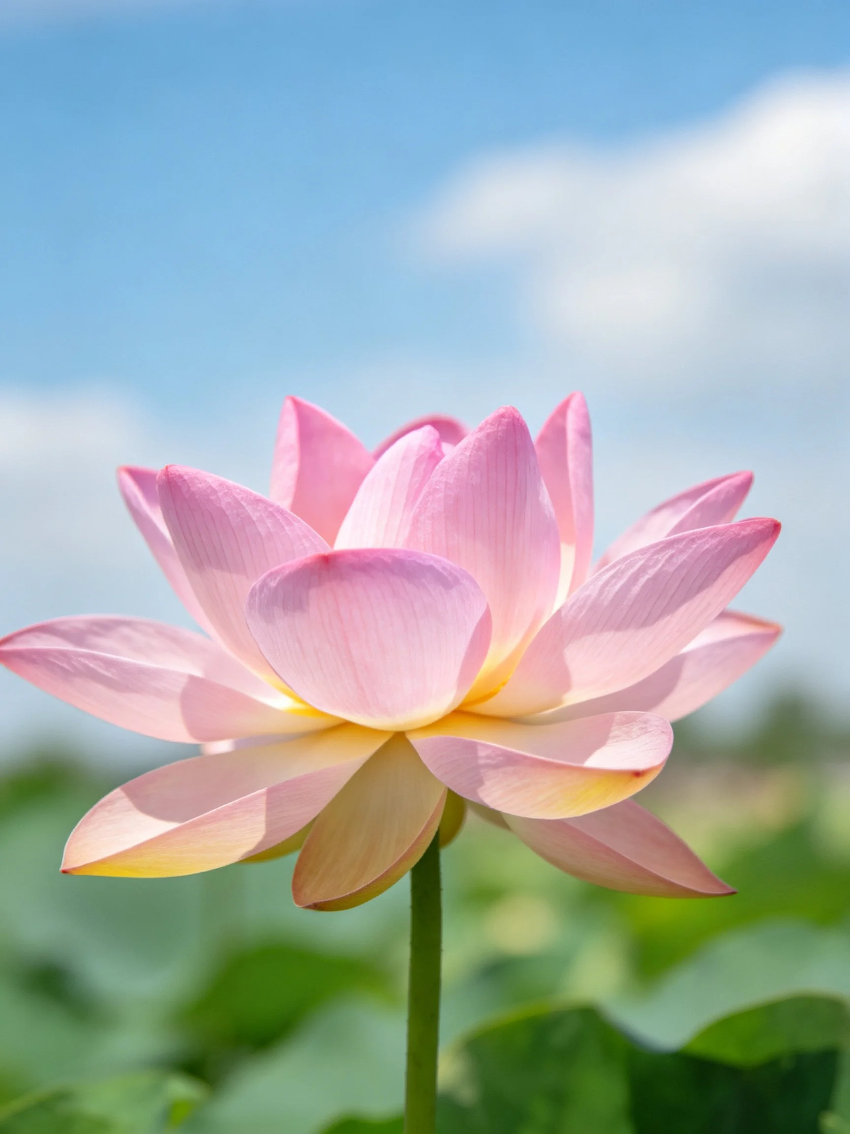 Delicate pink lotus blooms under bright blue sky