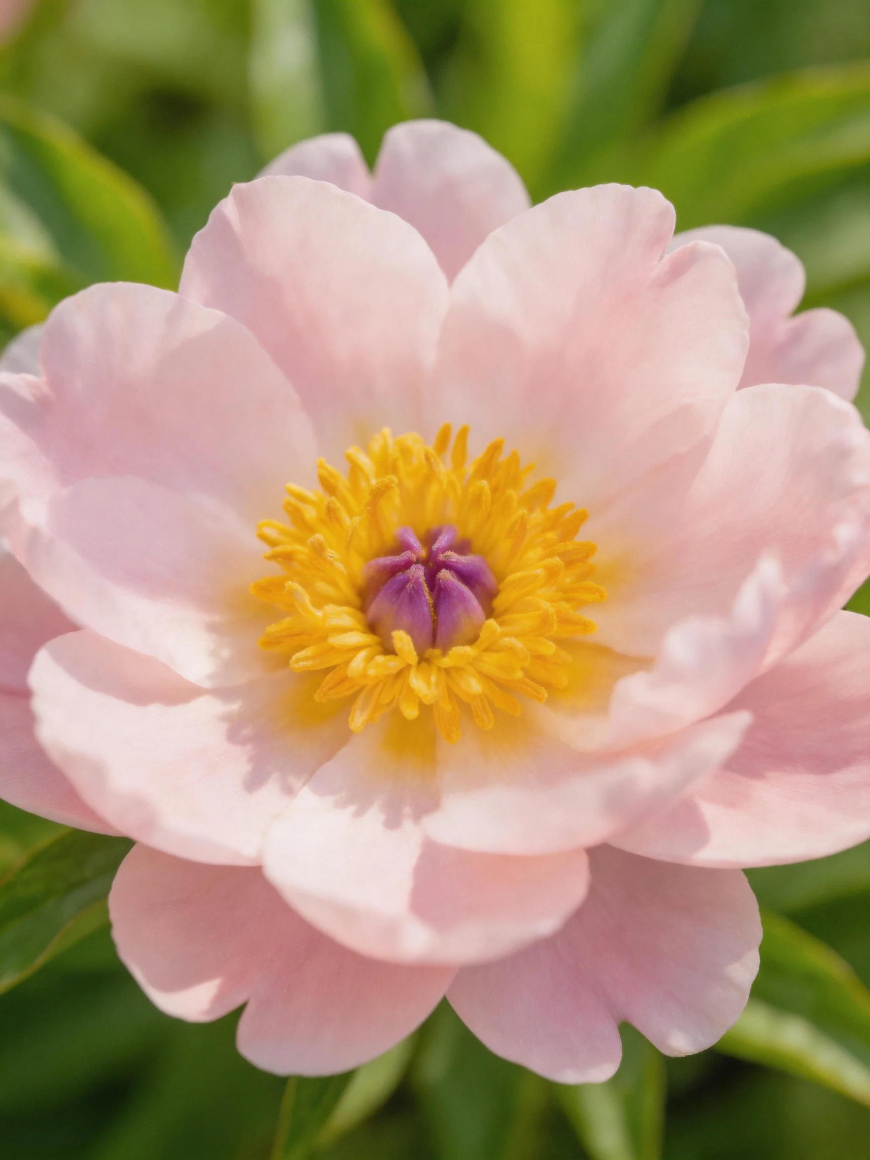 Delicate pink peony bloom featuring bright yellow and purple center