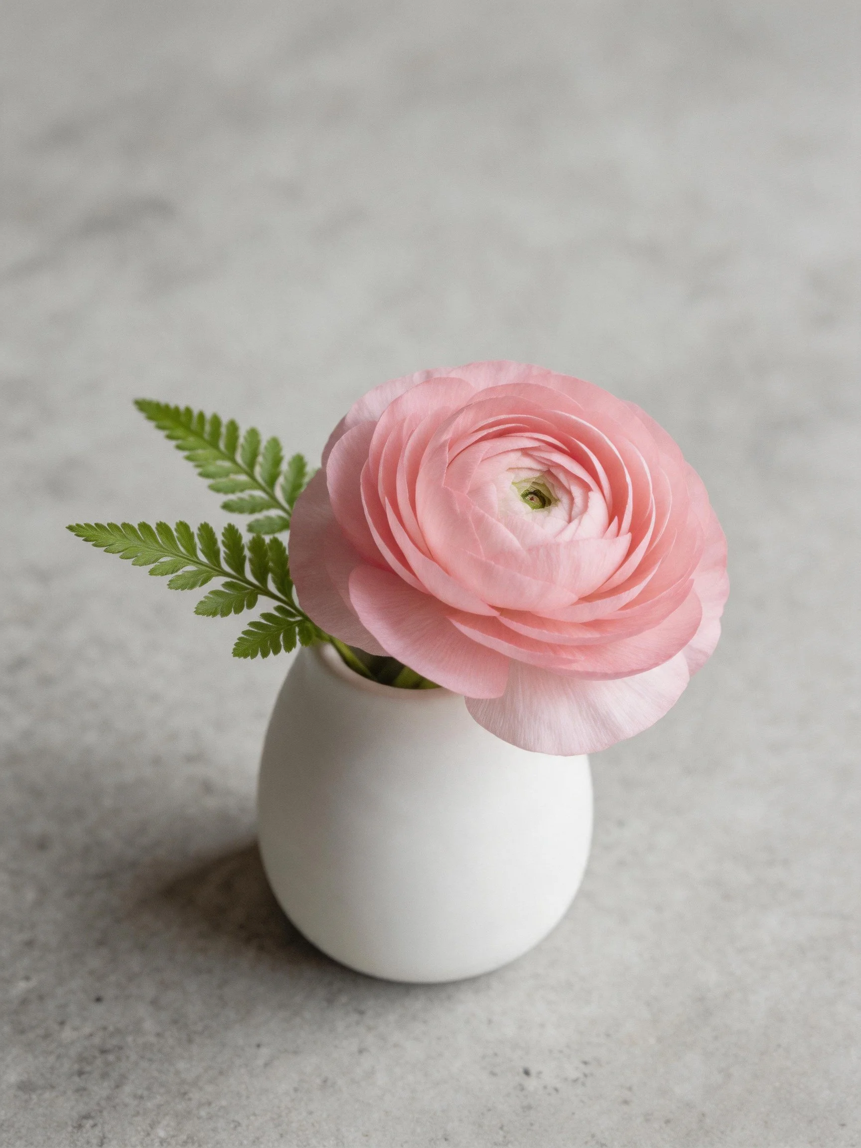Delicate pink ranunculus in a small white vase with green ferns