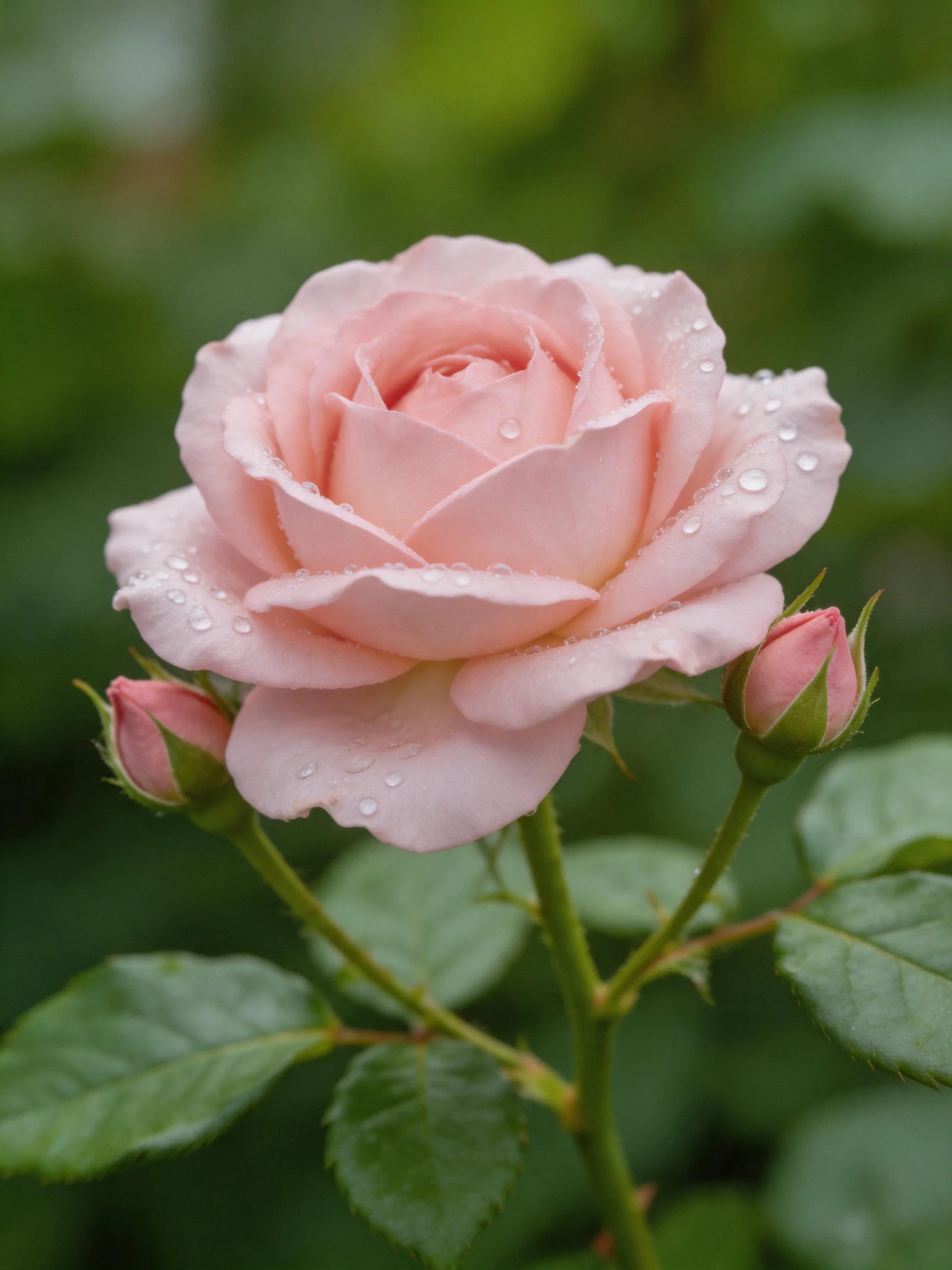 Delicate pink rose adorned with dewdrops near buds