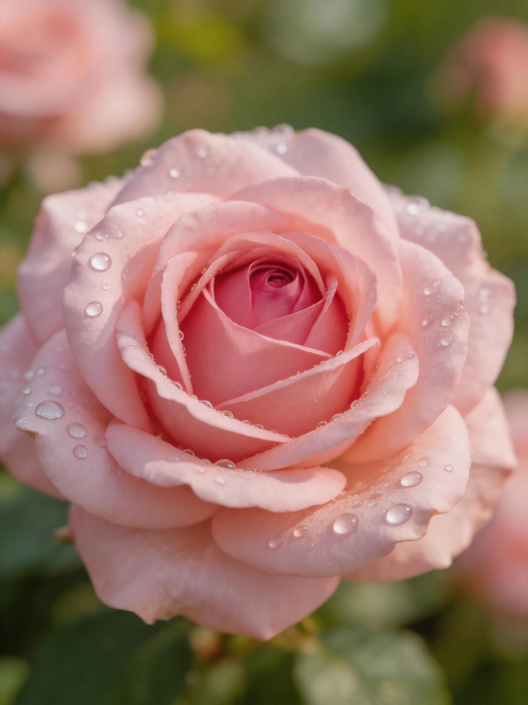 Delicate pink rose adorned with dewdrops, soft natural lighting.