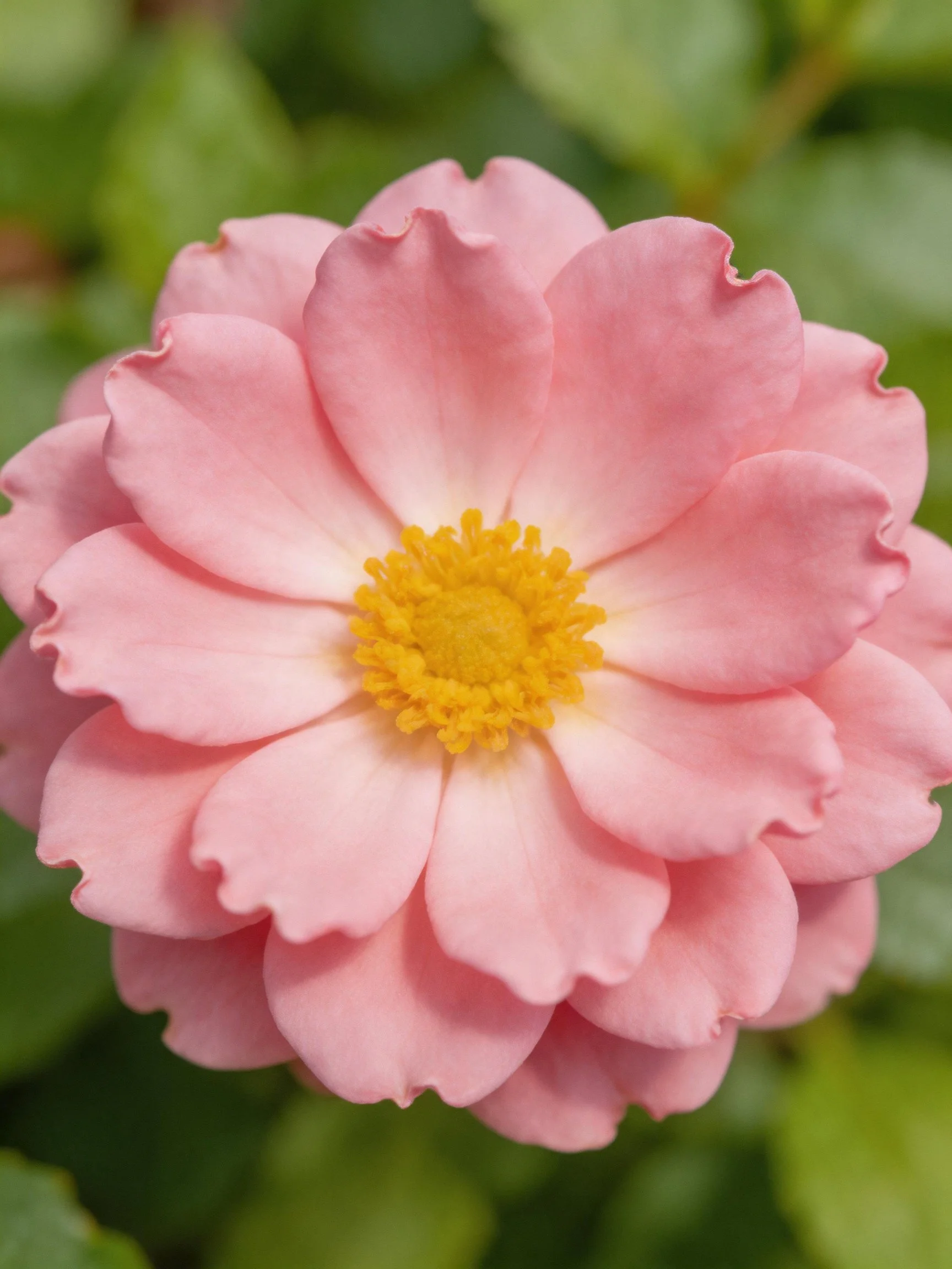 Delicate pink rose bloom with vibrant yellow center