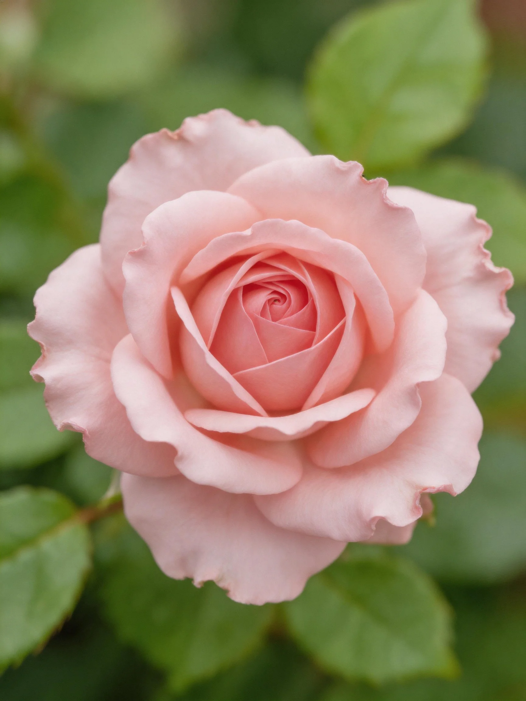 Delicate pink rose in full bloom with blurred green foliage
