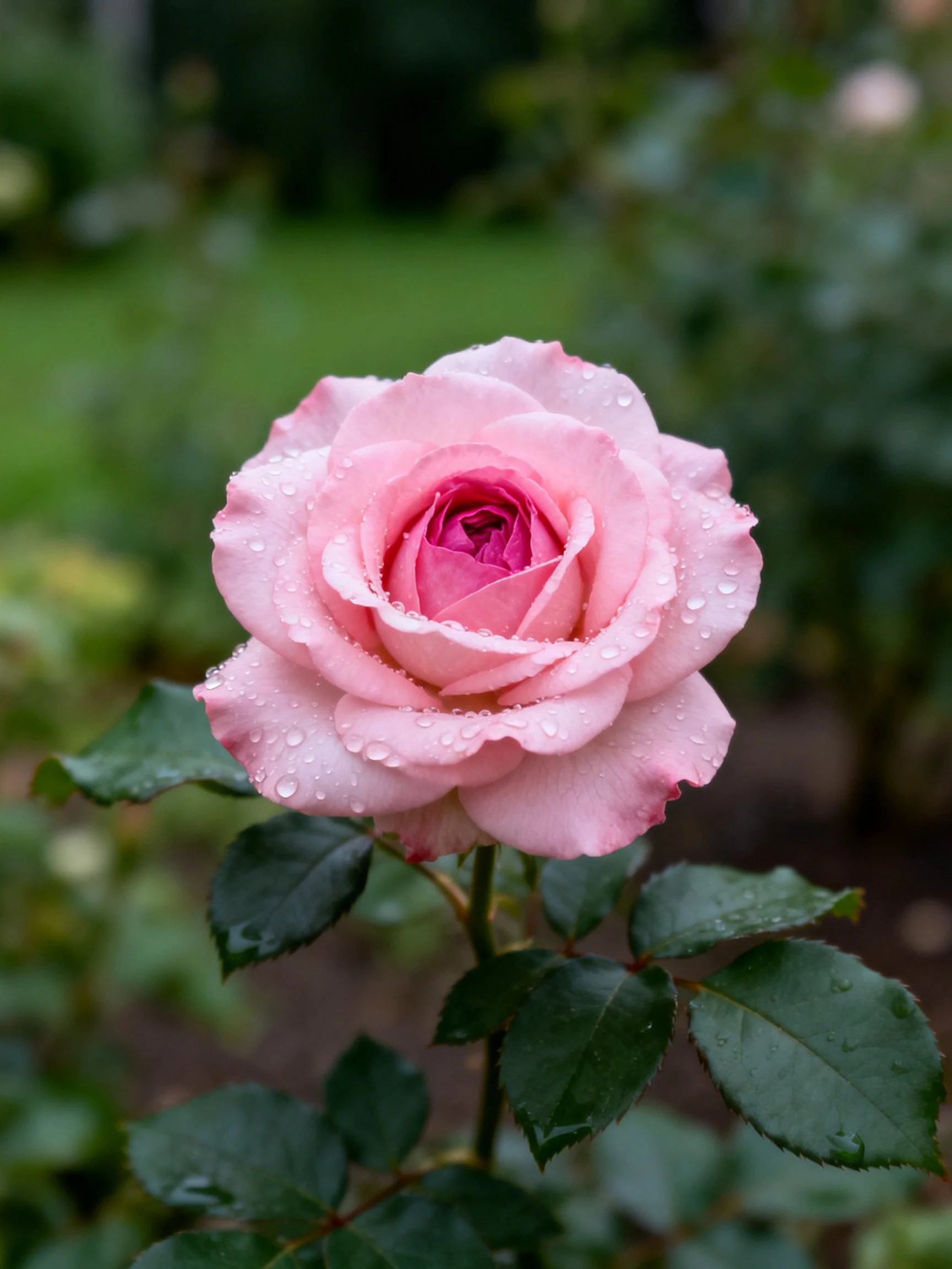 Delicate pink rose with dew droplets in a garden