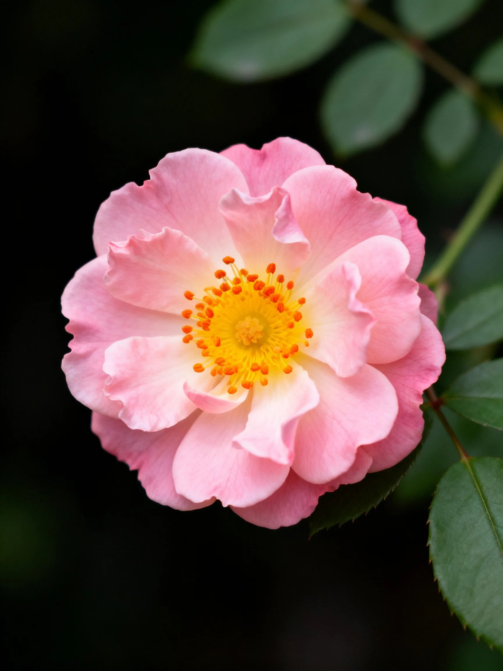 Delicate pink rose with layered petals, vibrant yellow center