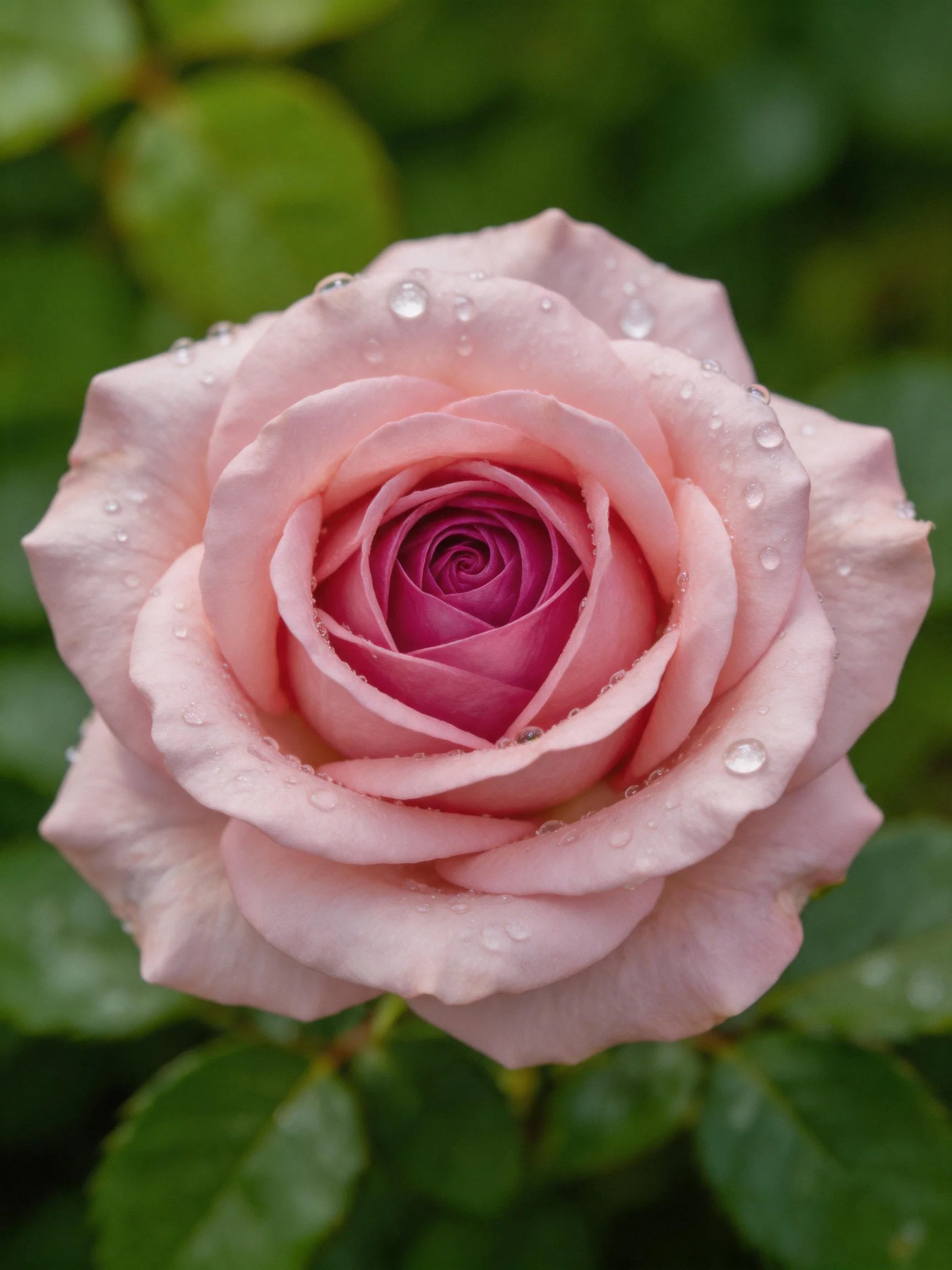Delicate pink rose with water droplets, green foliage backdrop