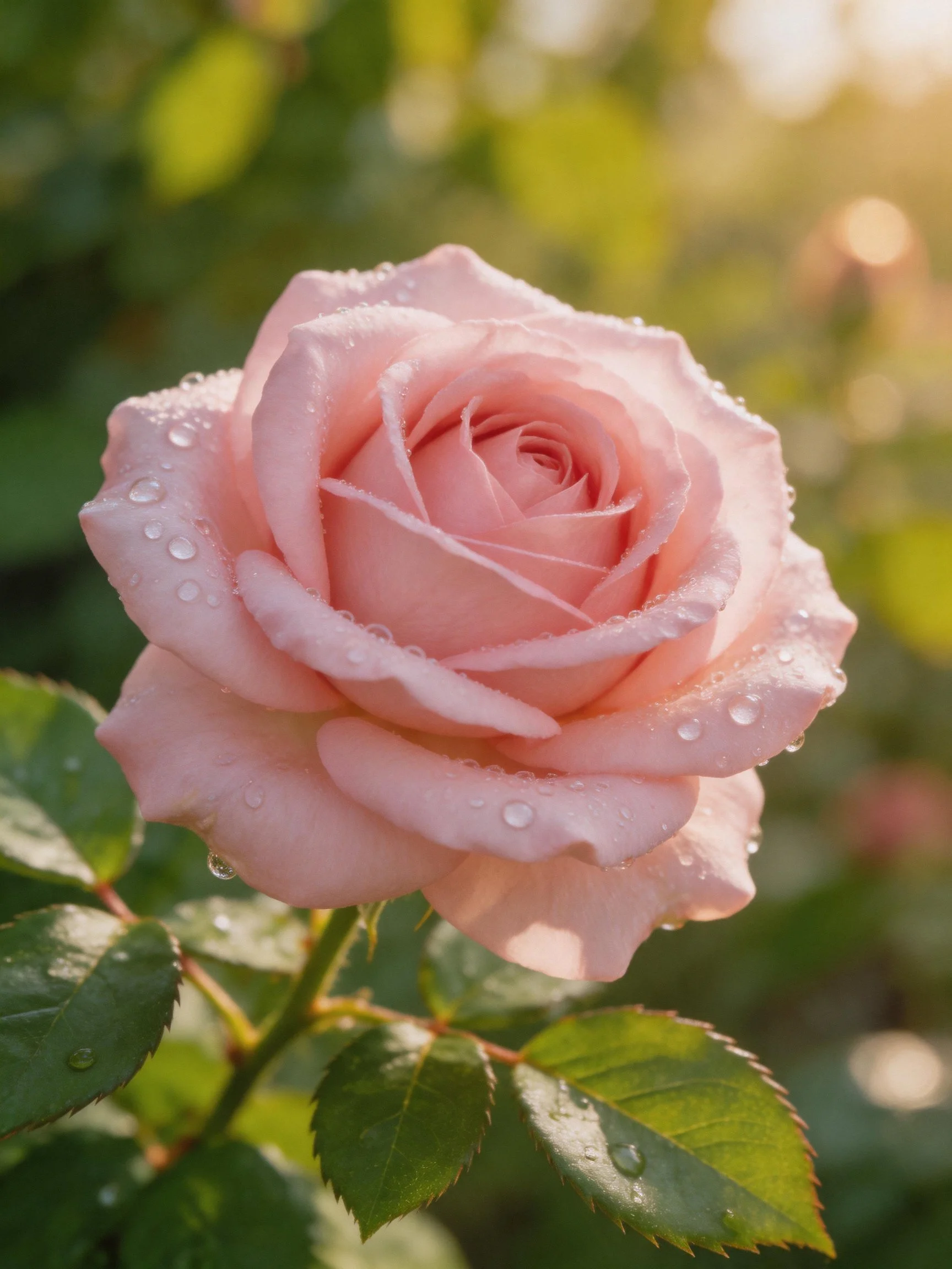Delicate pink rose with water droplets on petals