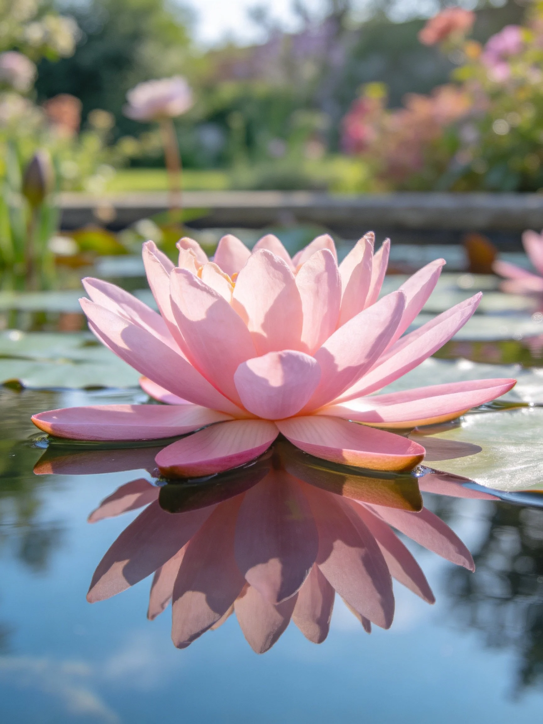 Delicate pink water lily blooms on calm water with leafy surroundings