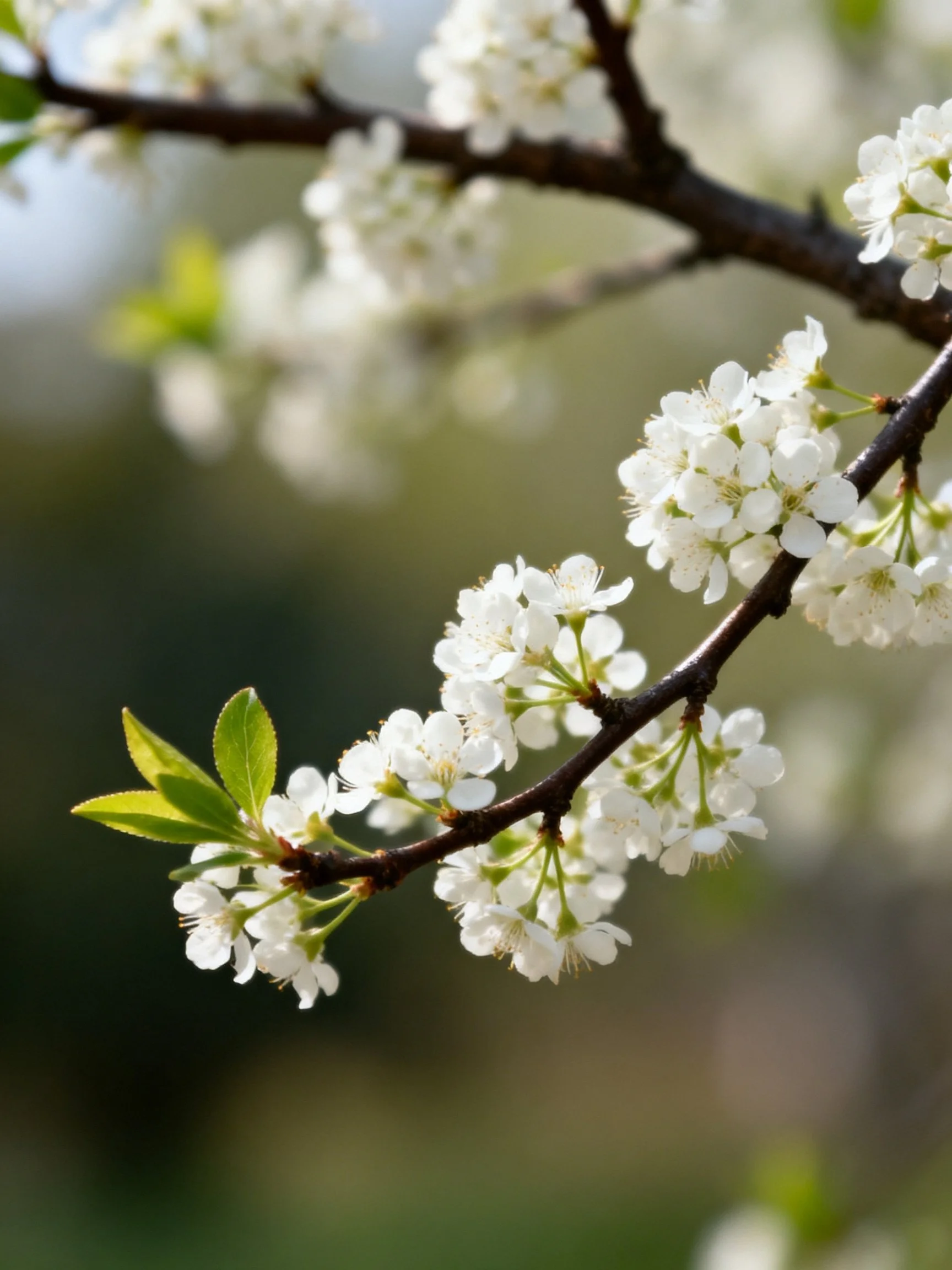 Delicate white blossoms cluster on dark branches with fresh green leaves