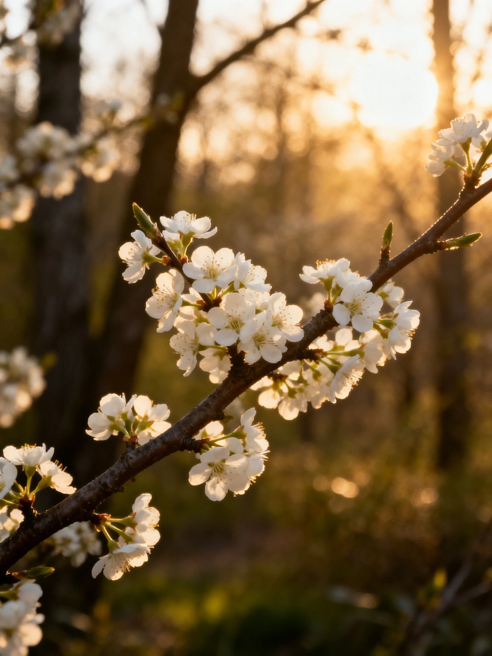Delicate white blossoms on a dark branch amid golden forest light