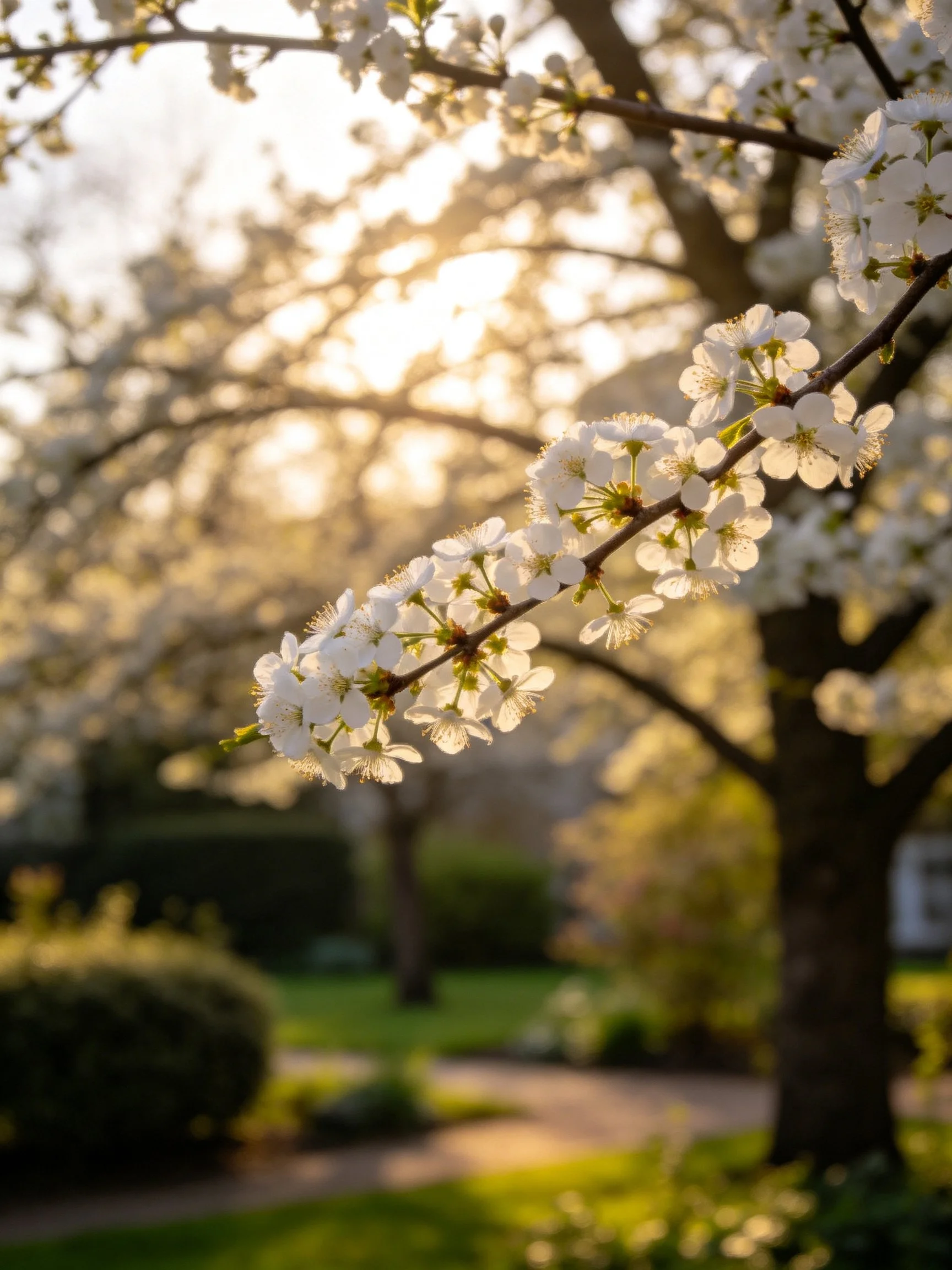 Delicate white blossoms on a tree branch under golden sunlight