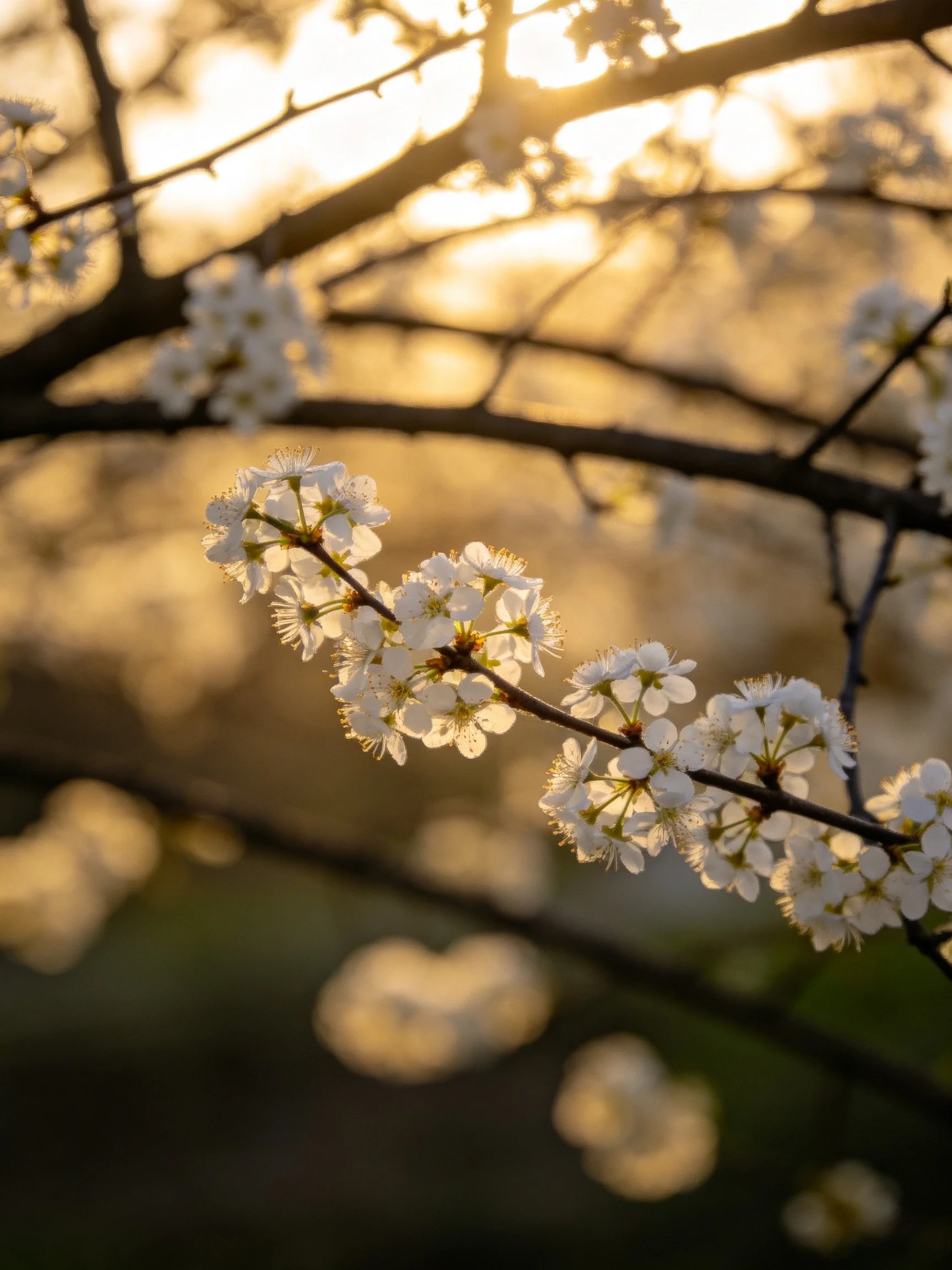 Delicate white blossoms on dark branches bathed in golden sunlight