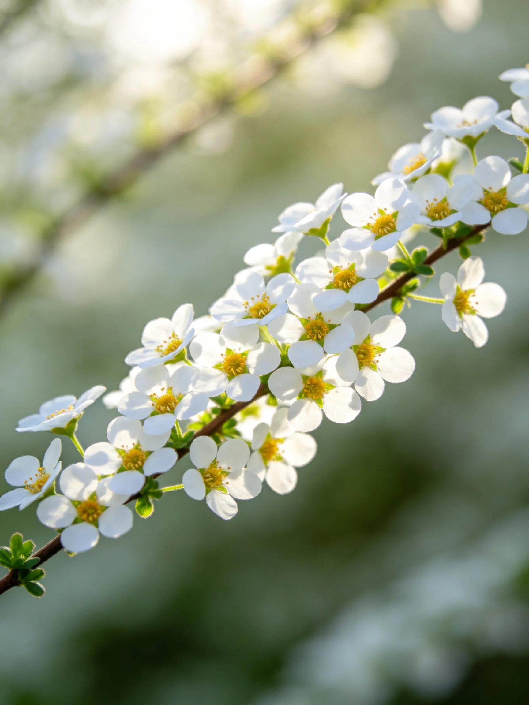 Delicate white blossoms with yellow centers cluster along a slender brown branch.