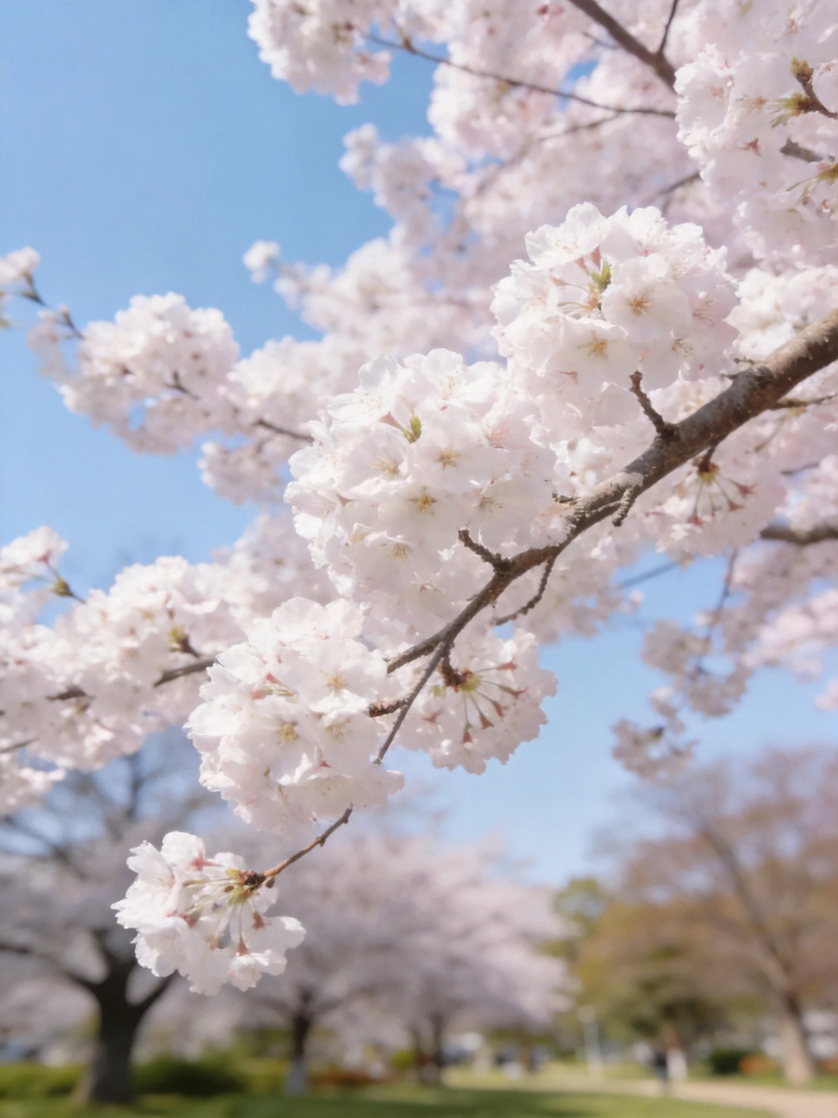 Delicate white cherry blossom clusters bloom under bright blue sky
