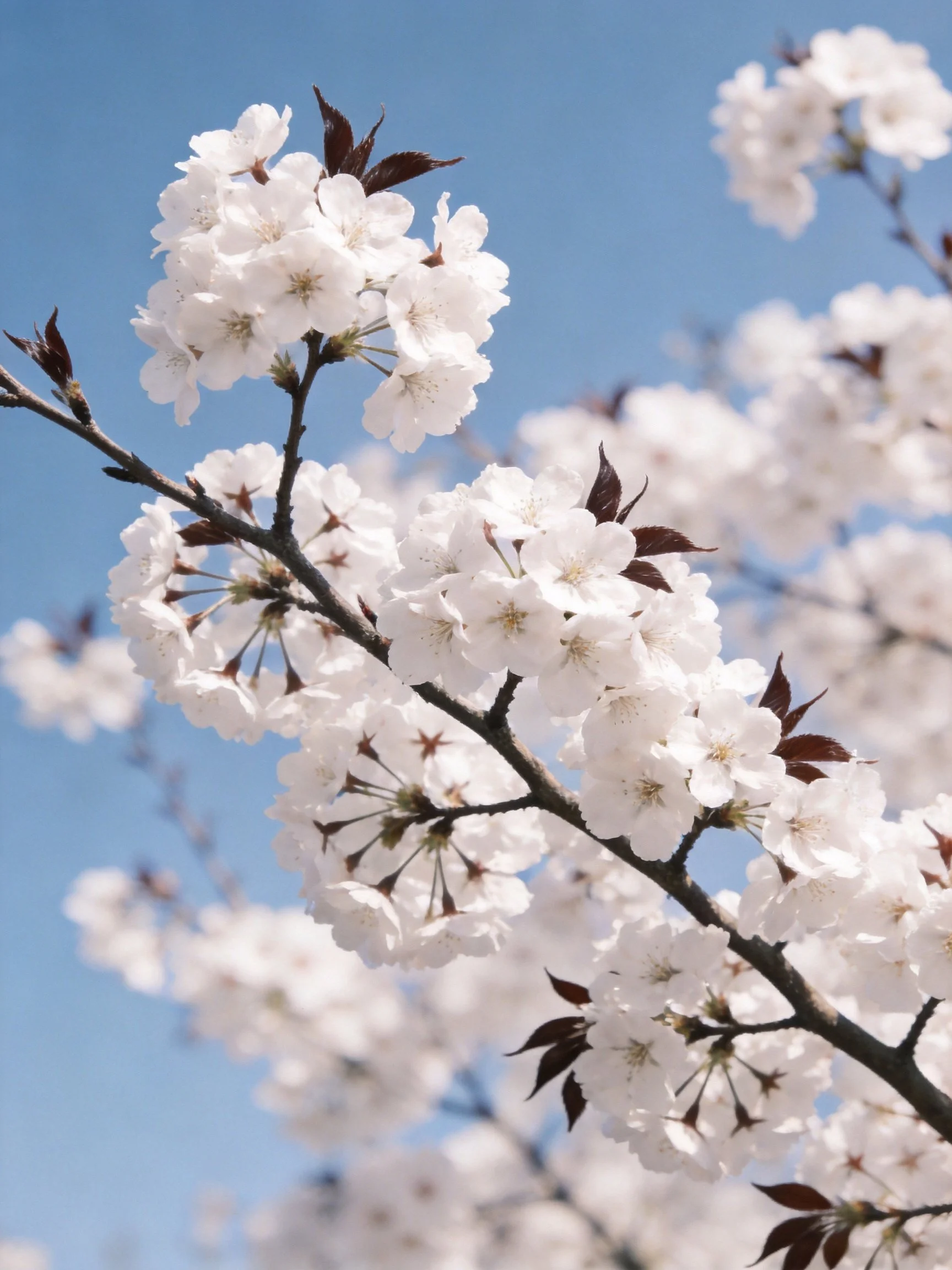 Delicate white cherry blossoms on dark branches under clear blue sky