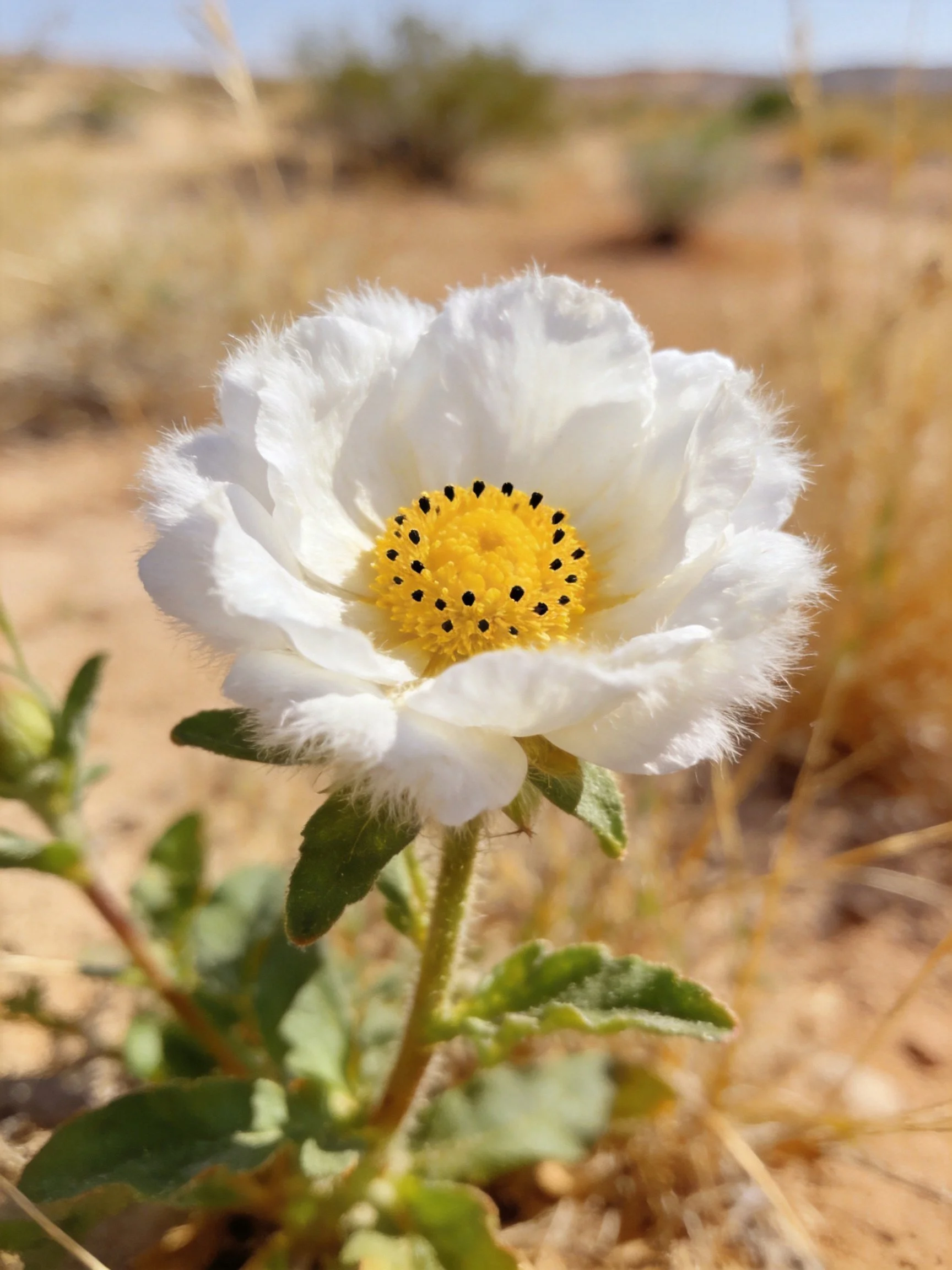 Delicate white flower with bright yellow center in arid landscape