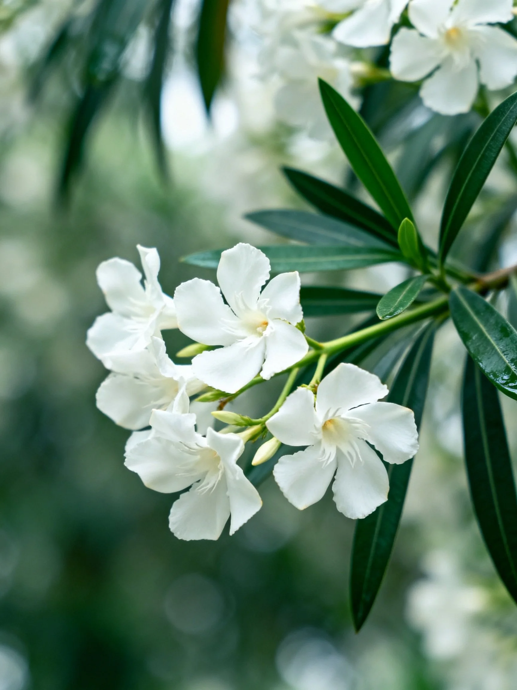 Delicate white flowers cluster with long green leaves