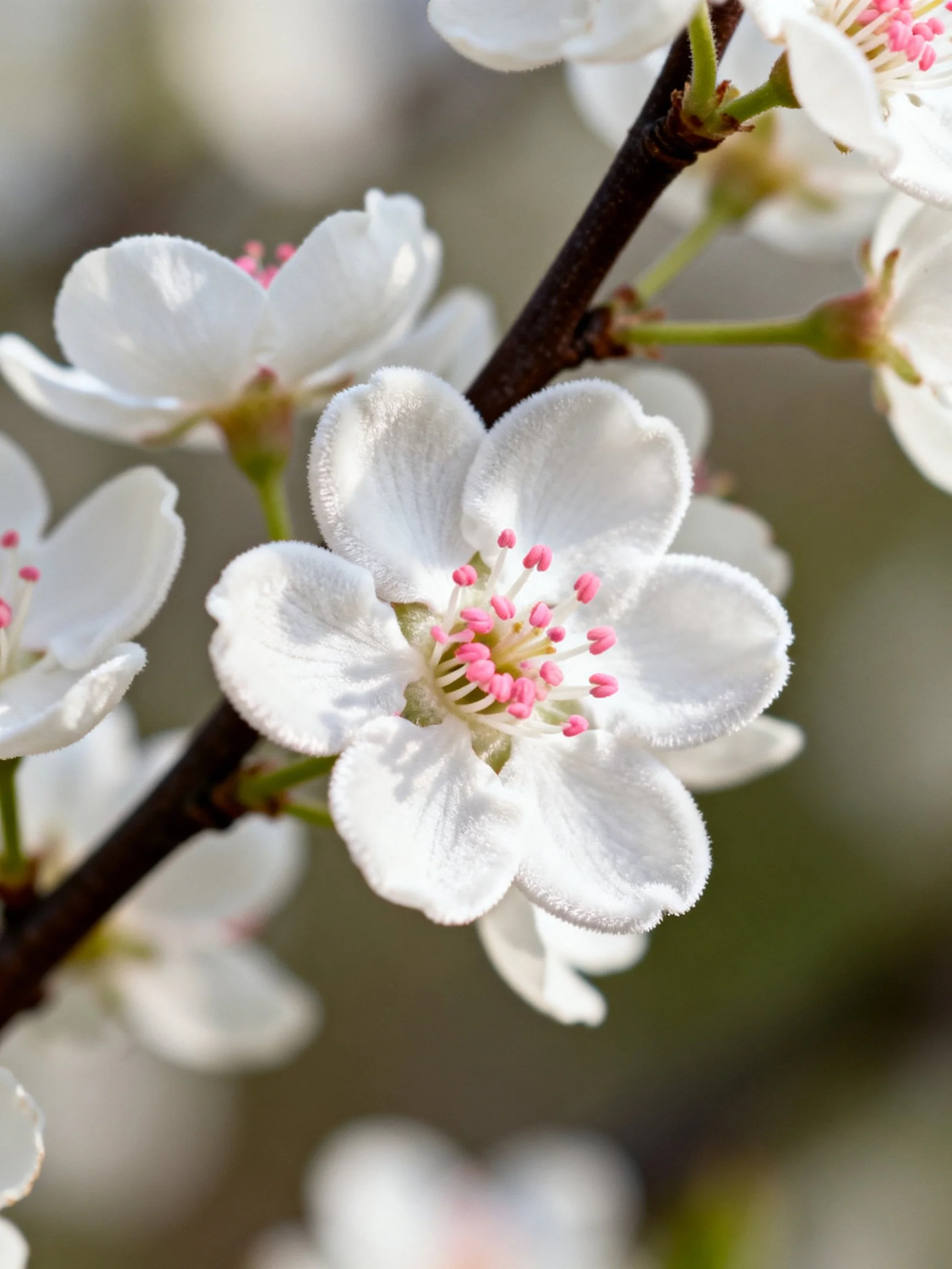 Delicate white flowers with pink stamens bloom on dark branches