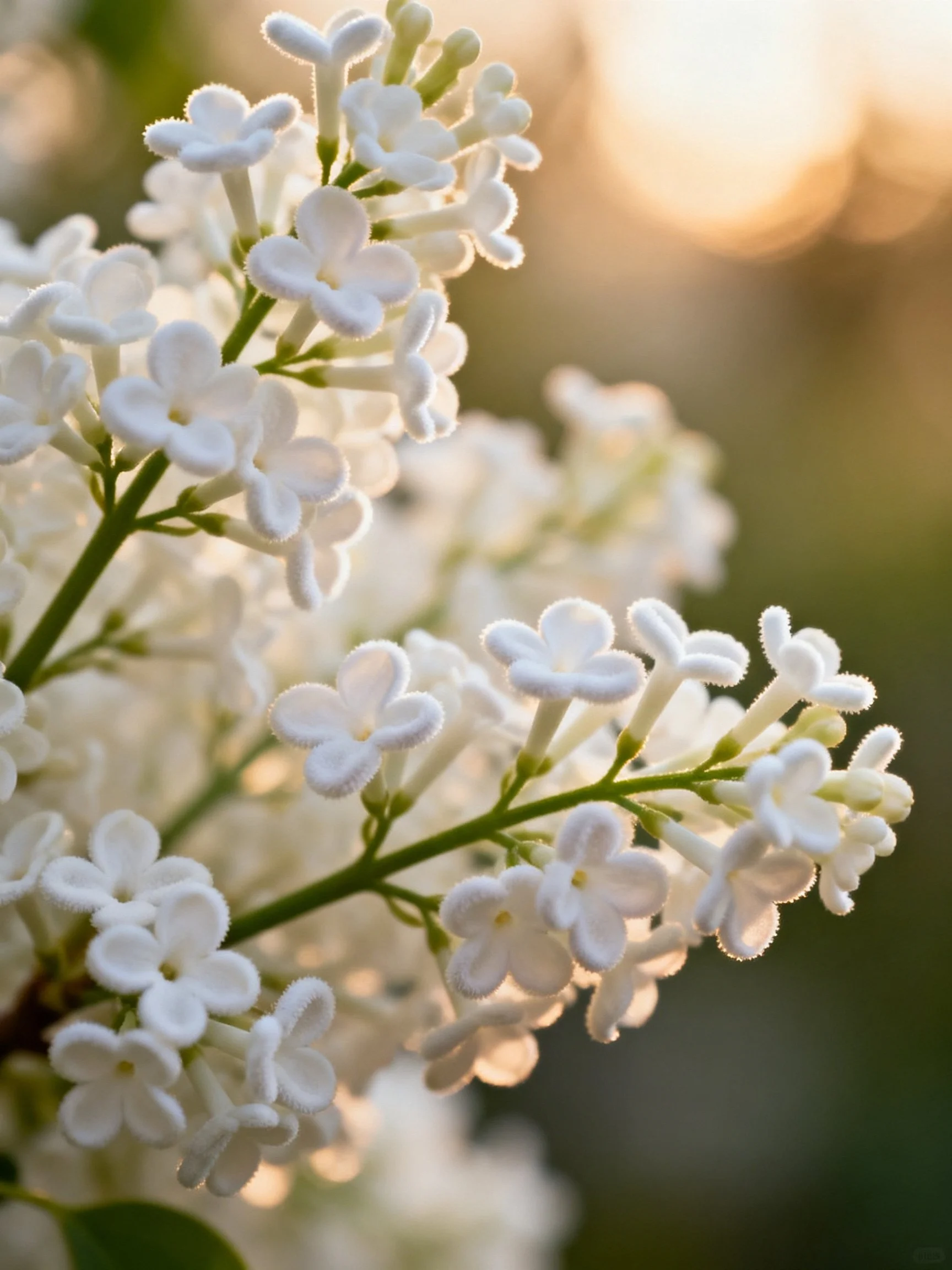 Delicate white lilac blooms illuminated by warm golden light