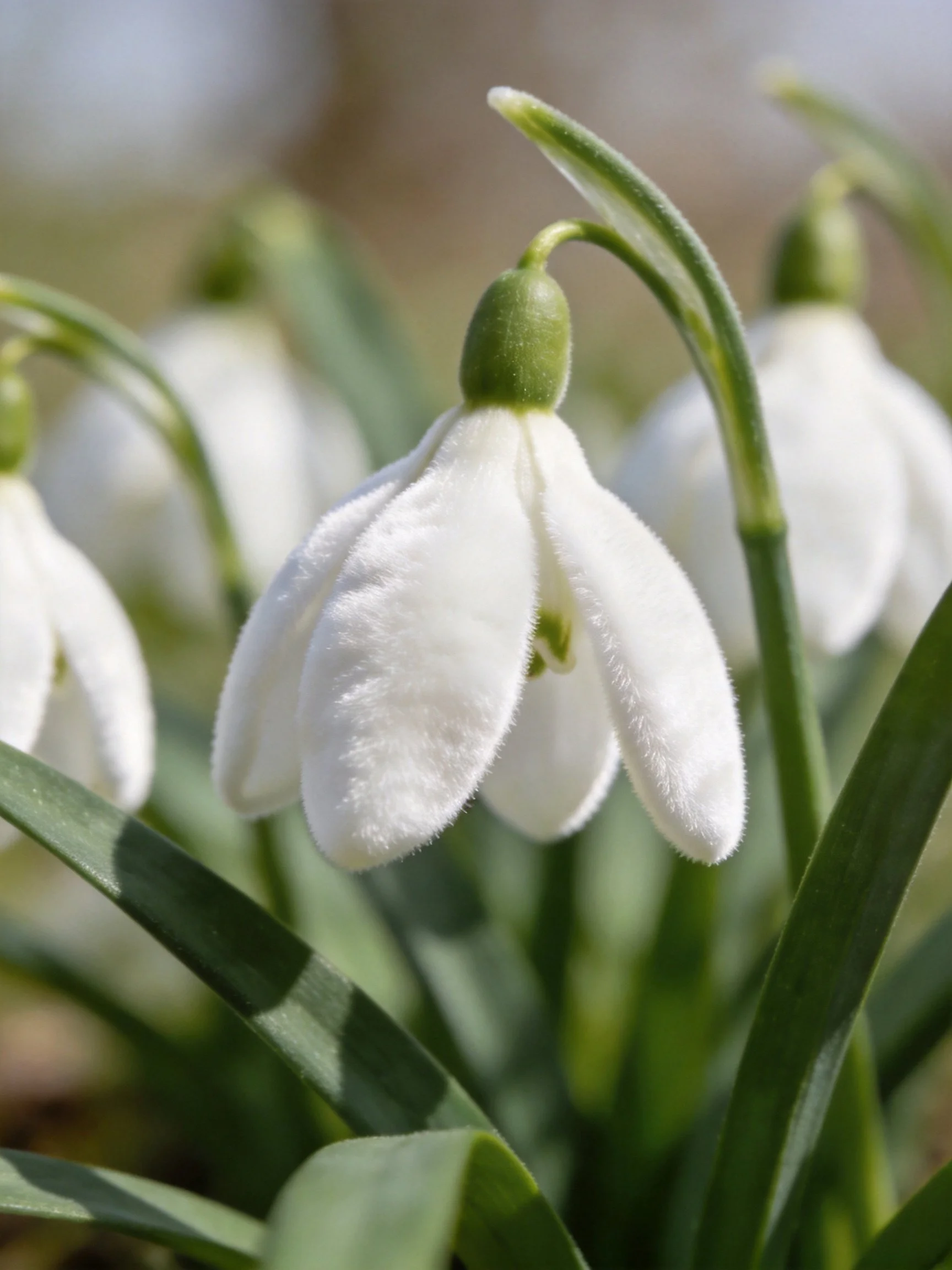 Delicate white snowdrop blooms with slender green stems