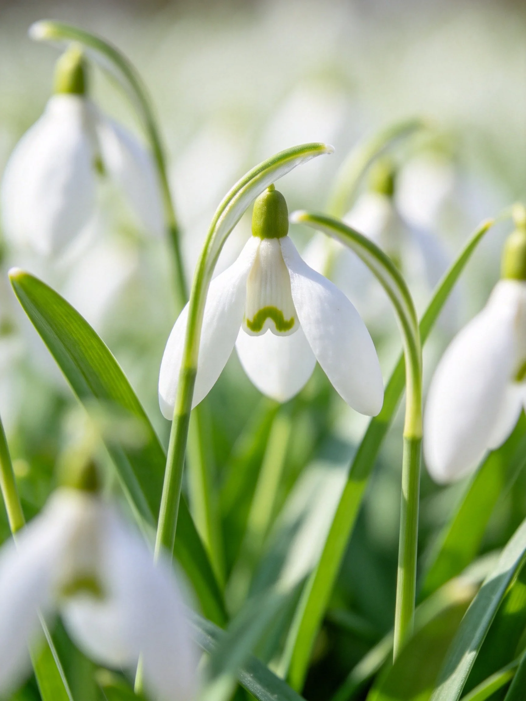 Delicate white snowdrops with green accents among lush green stems