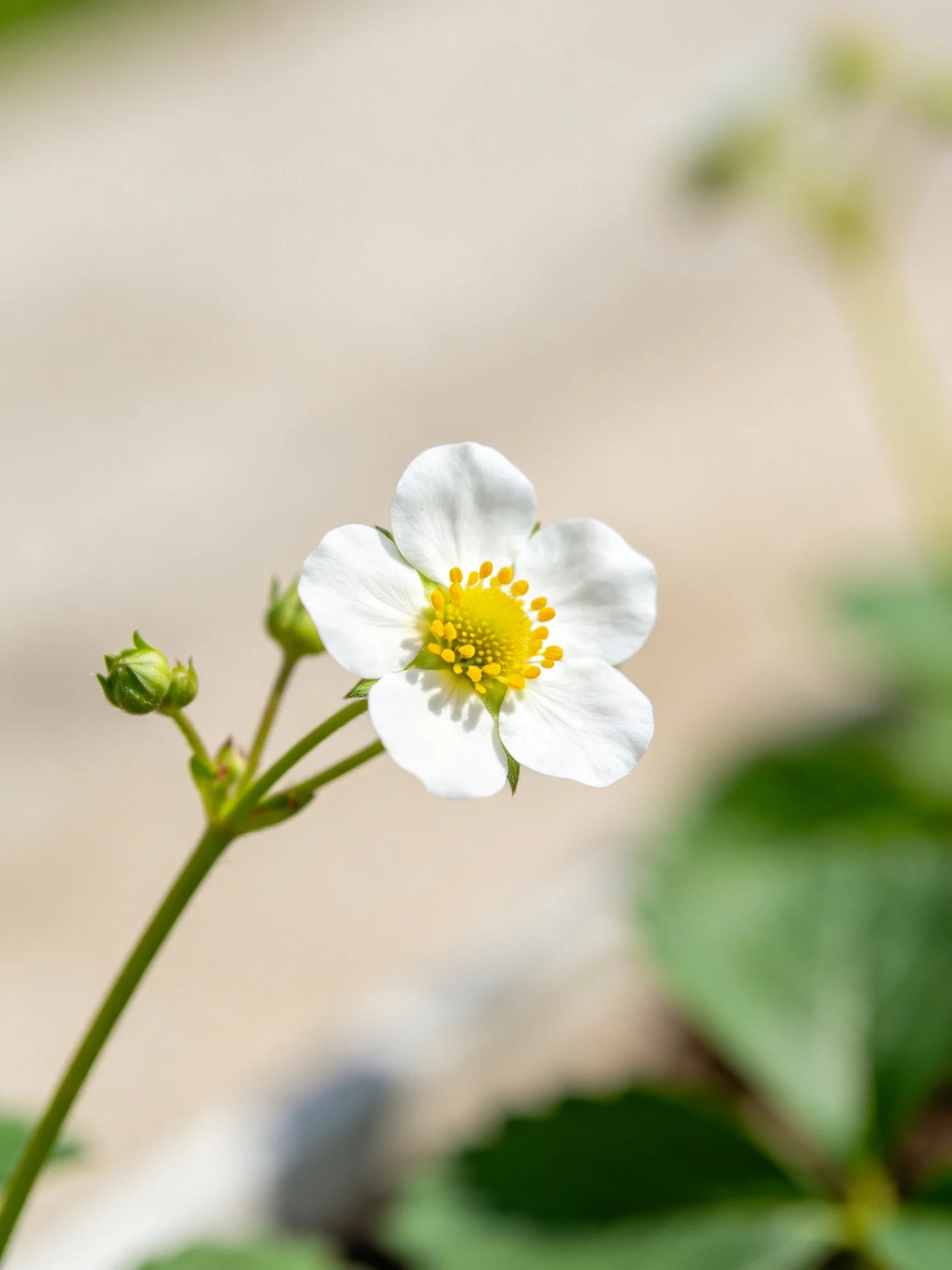 Delicate white strawberry blossom with yellow center