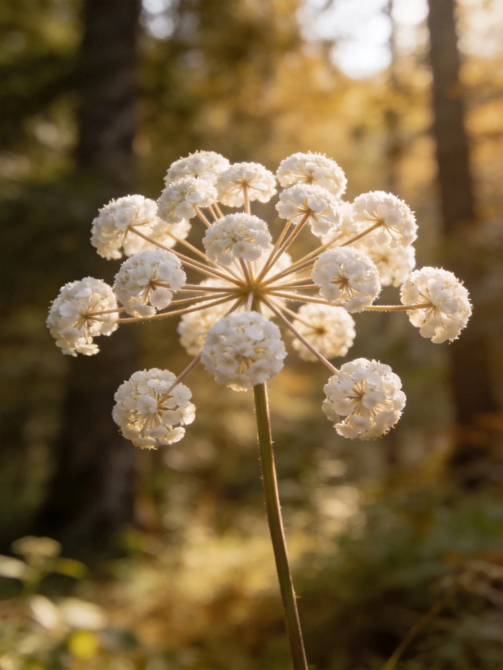 Delicate white umbel flower glowing in forest light