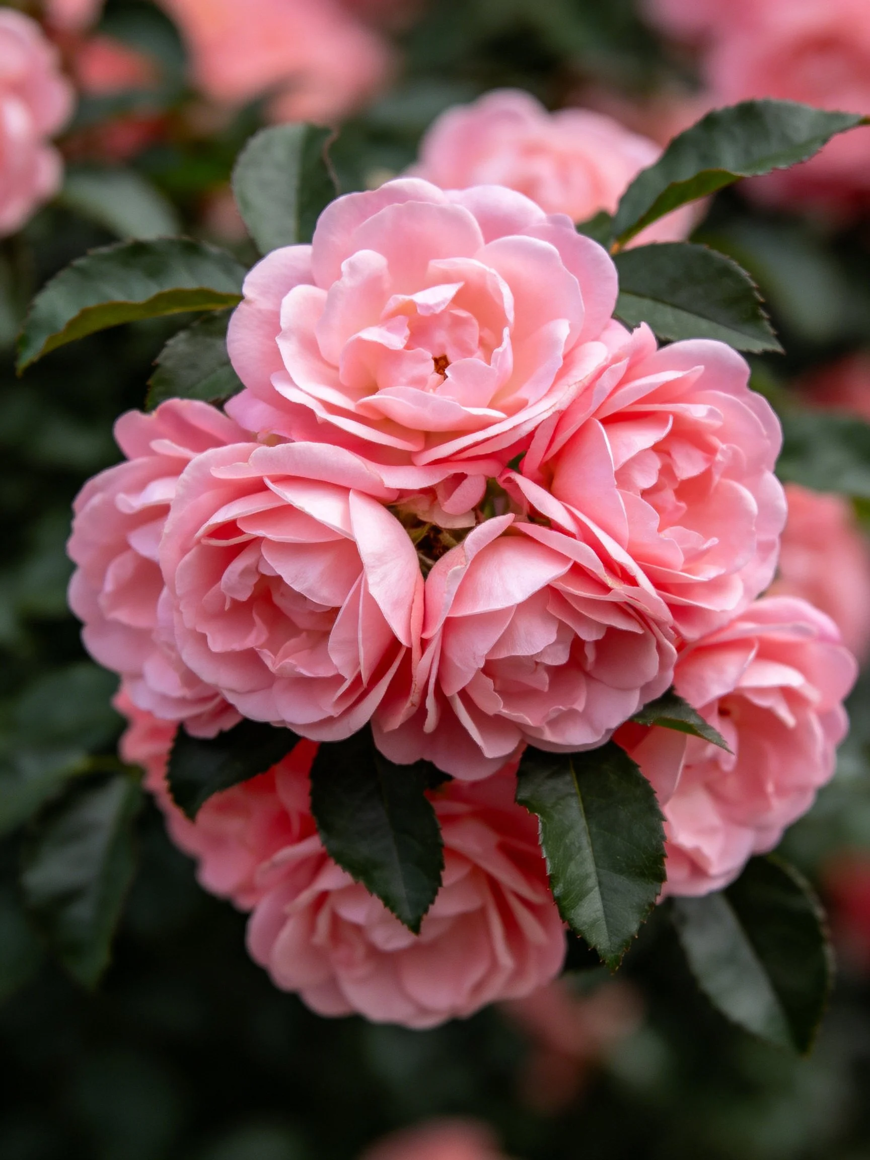 Dense Cluster of Soft Pink Roses with Dark Green Foliage