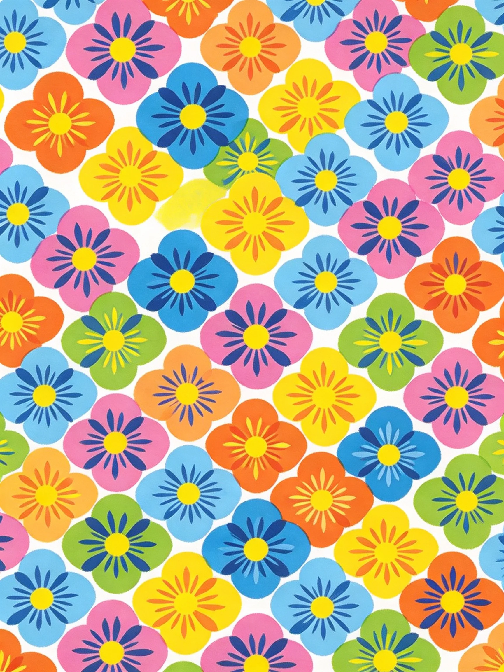 Dense arrangement of stylized flowers in multiple bright colors