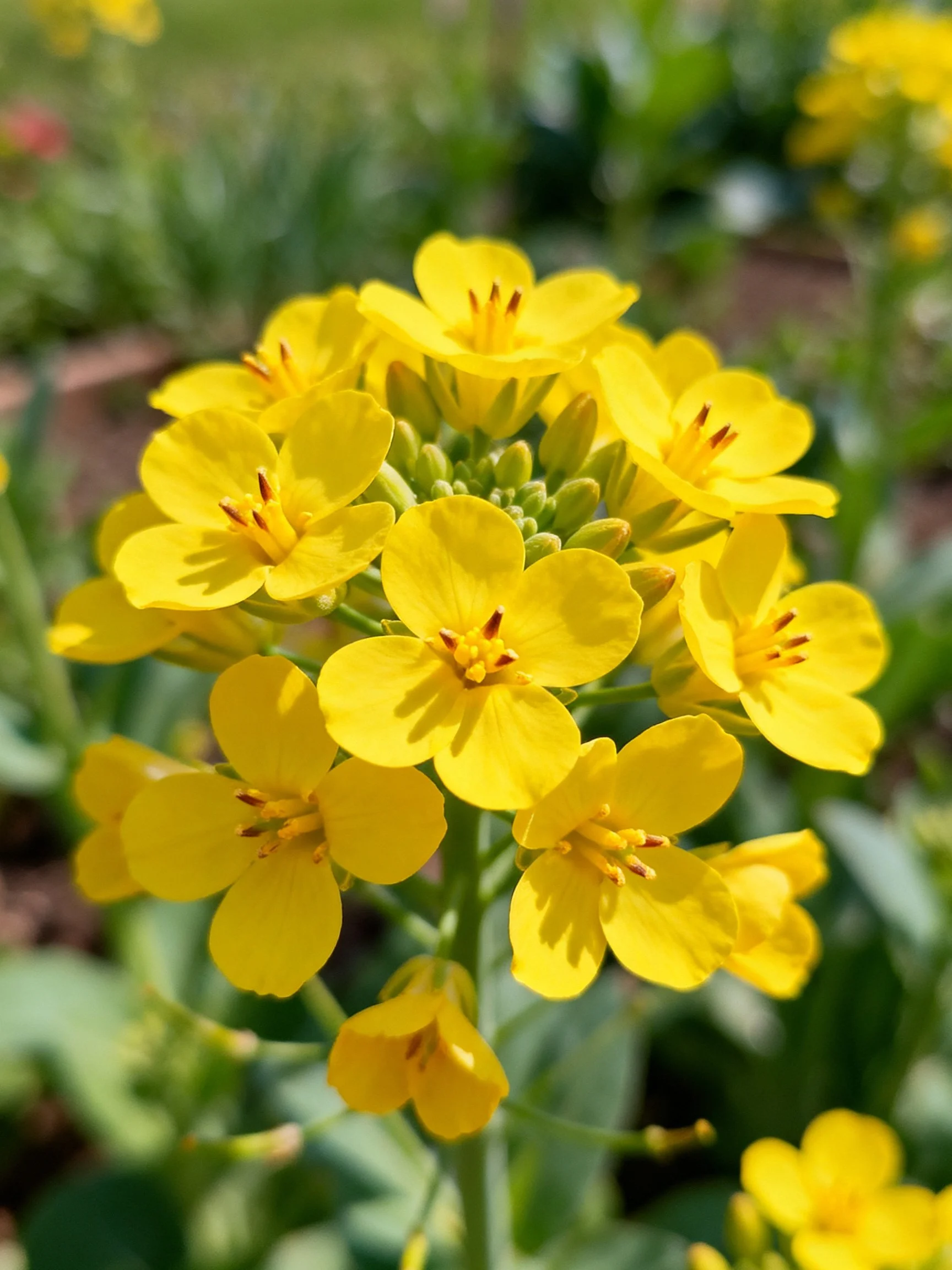 Dense cluster of bright yellow flowers with green foliage backdrop