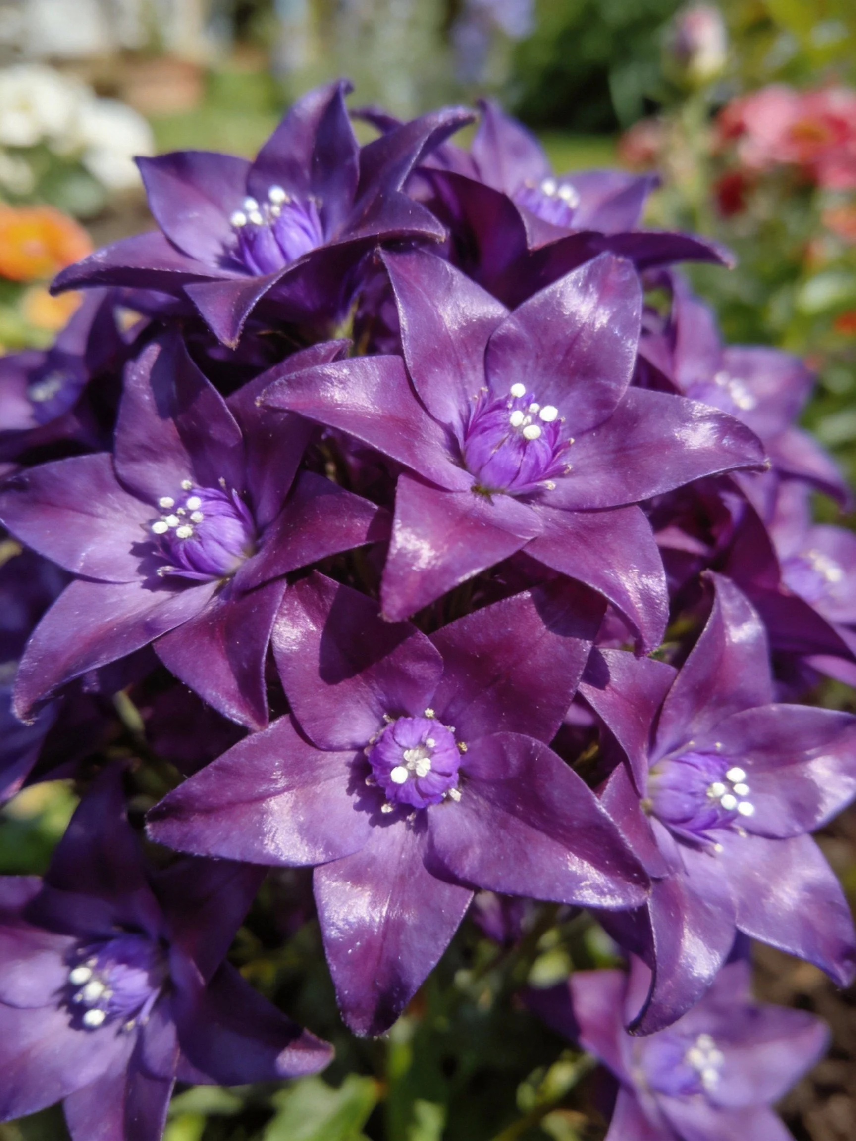 Dense cluster of deep purple star - shaped flowers with white centers