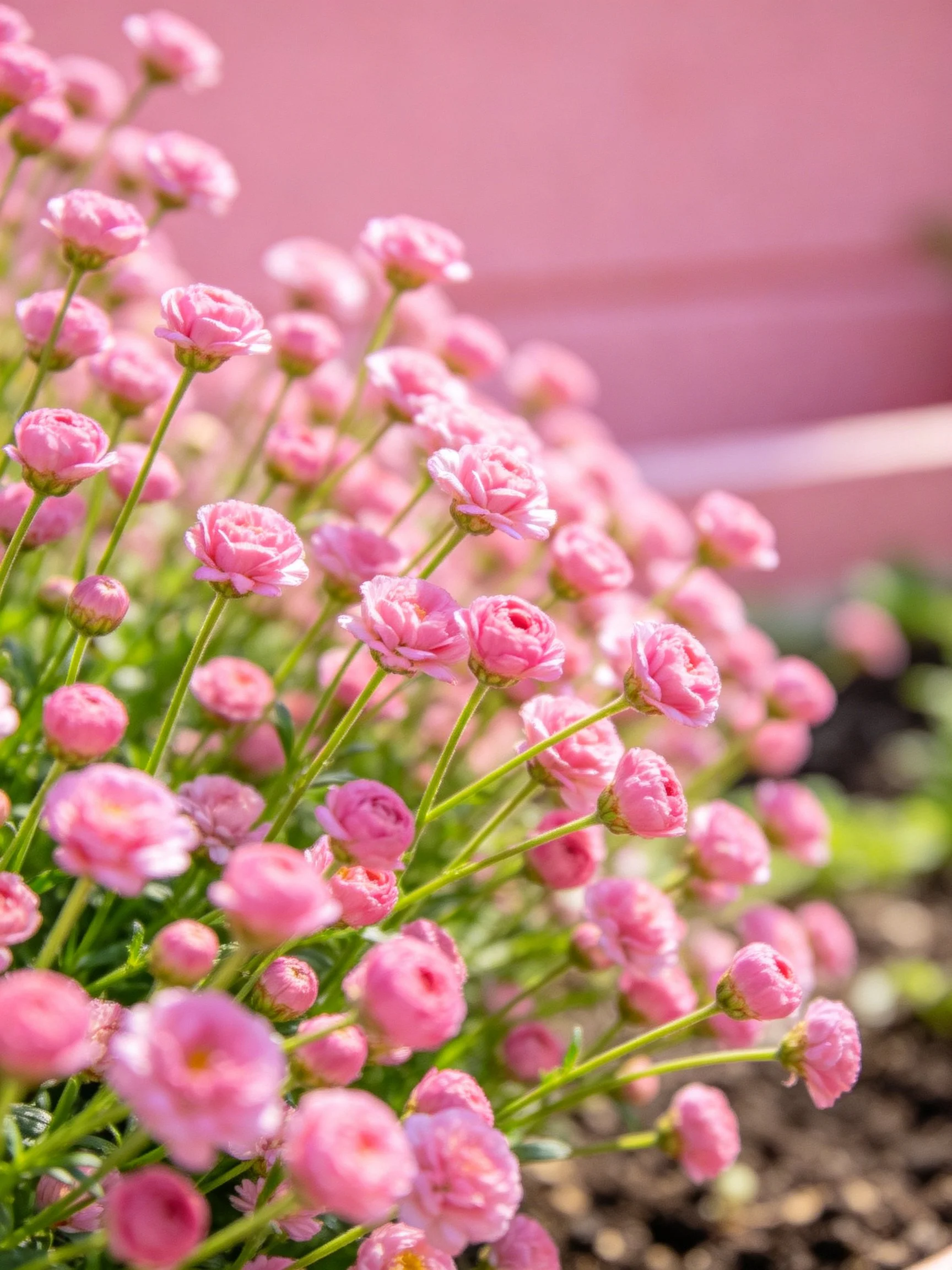 Dense cluster of delicate pink flowers with green stems