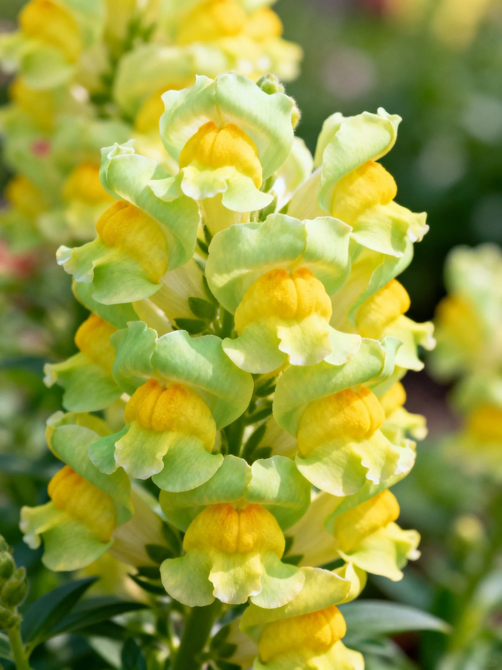 Dense cluster of pale green and golden-yellow snapdragon flowers