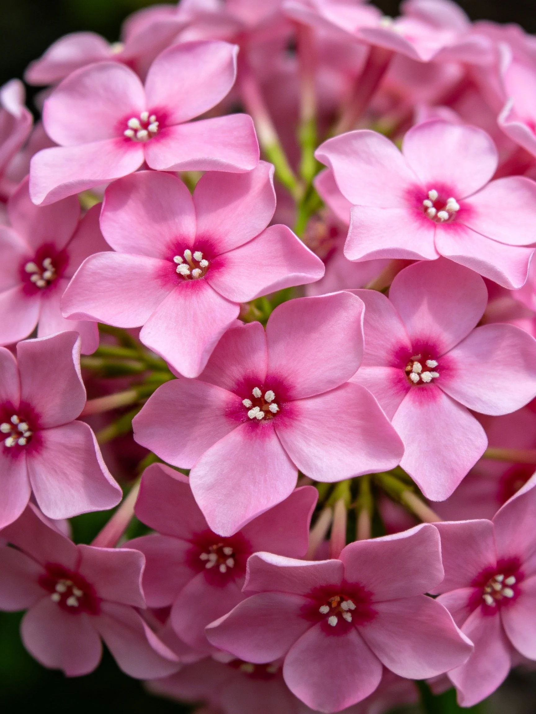 Dense cluster of pink flowers with magenta centers