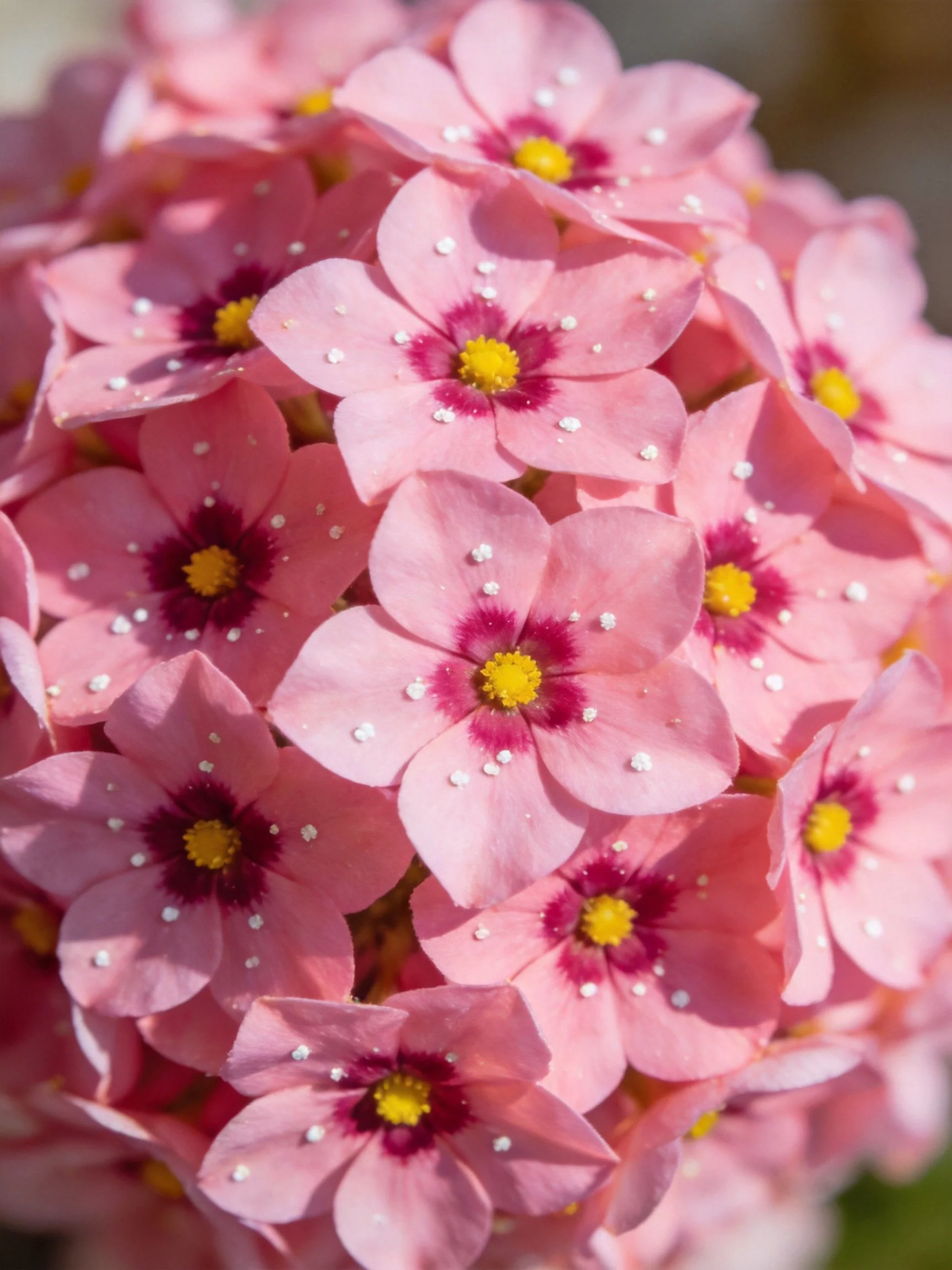 Dense cluster of pink flowers with maroon centers and white specks