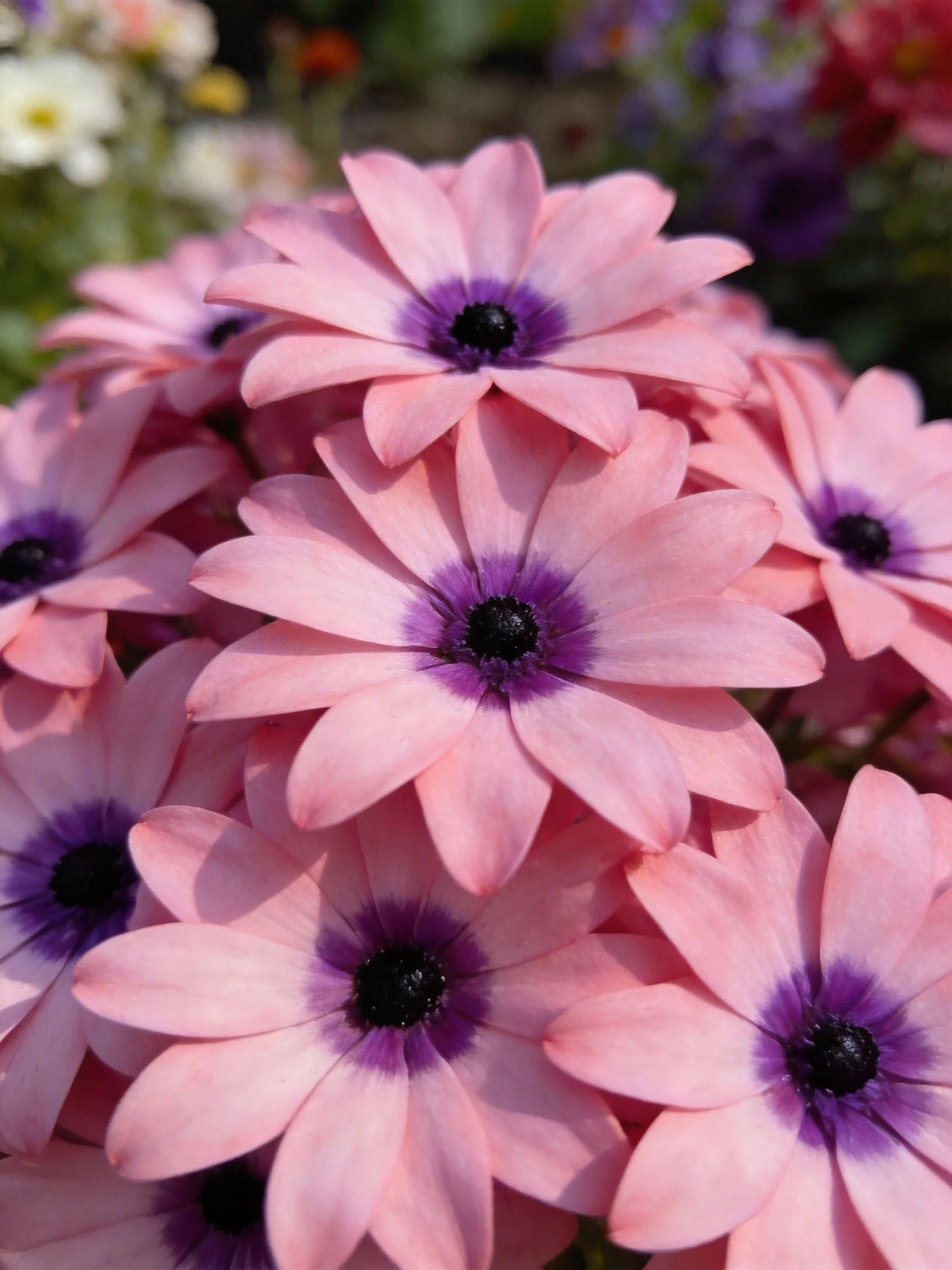 Dense cluster of pink flowers with purple centers in a garden