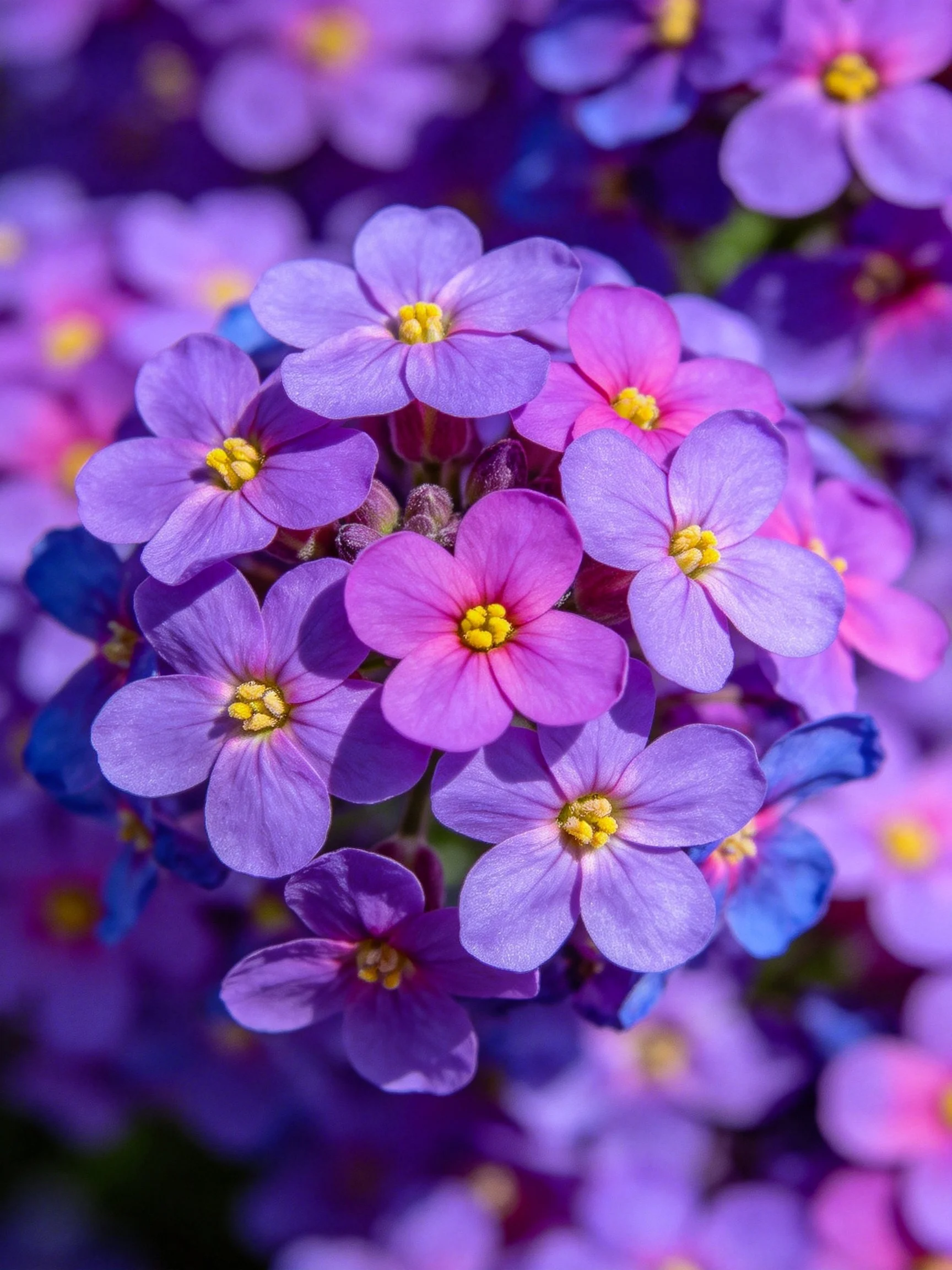 Dense cluster of purple and pink flowers with yellow centers