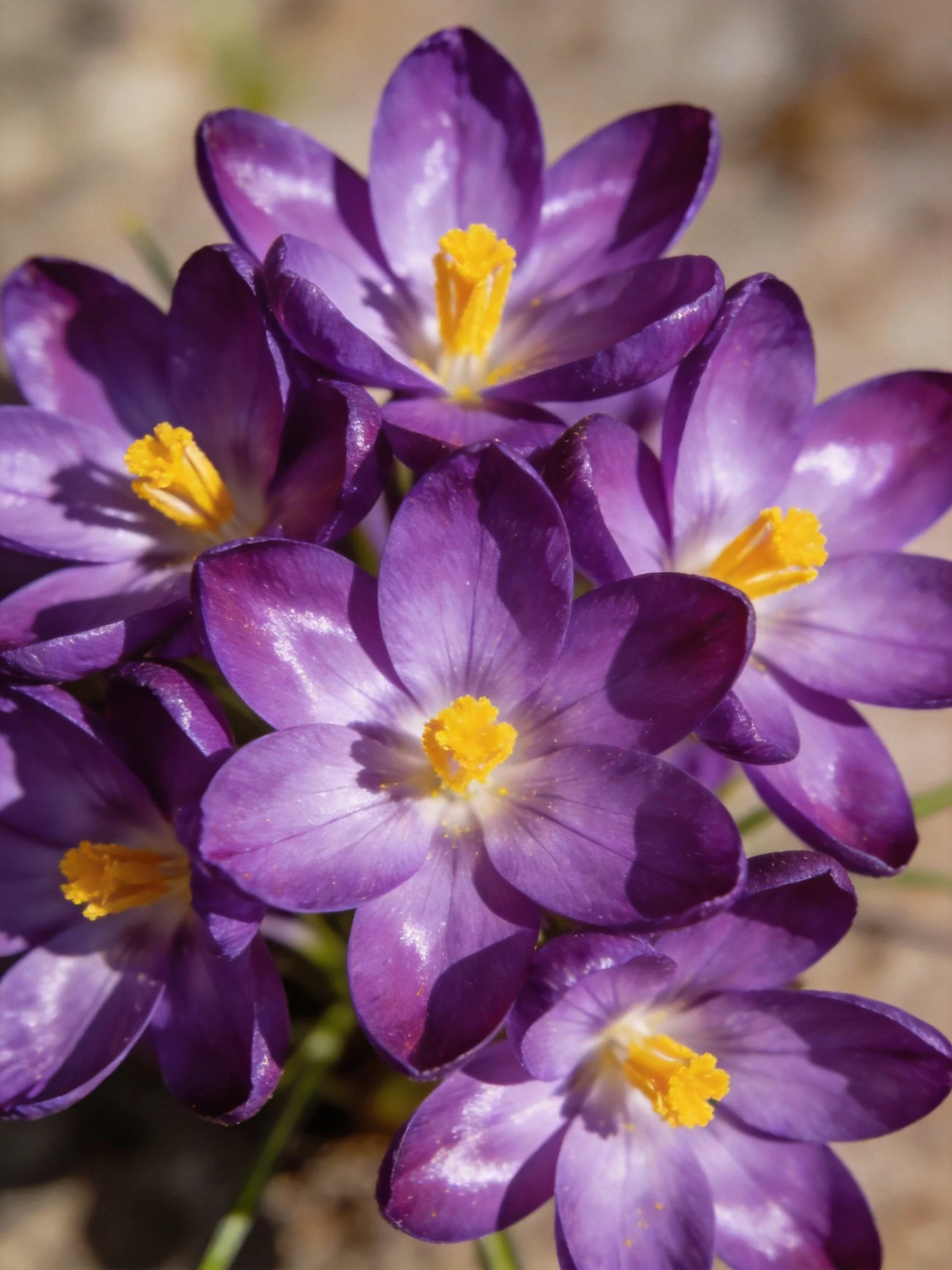 Dense cluster of purple crocus flowers with yellow stamens