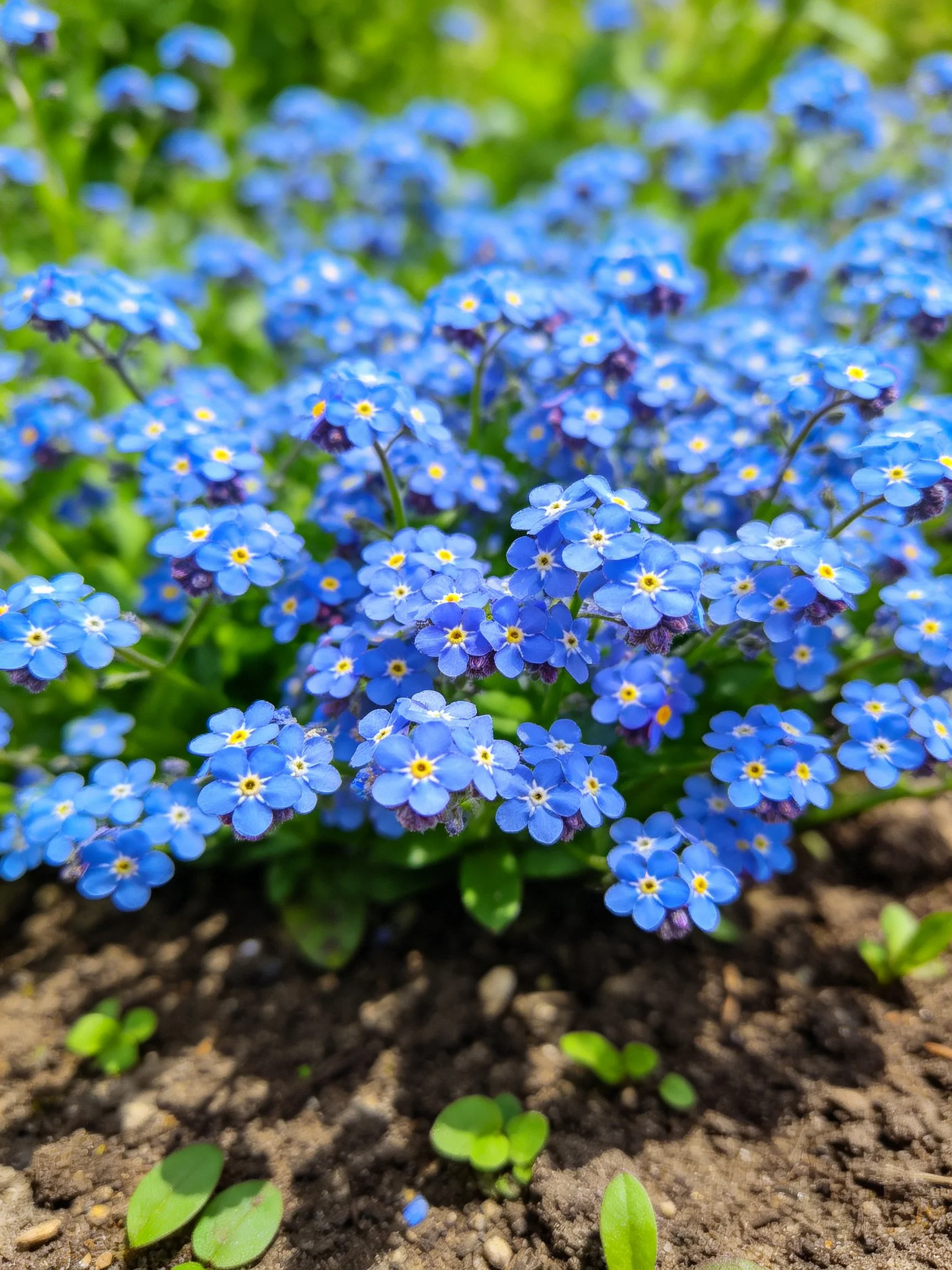 Dense cluster of small blue forget - me - not flowers with green foliage