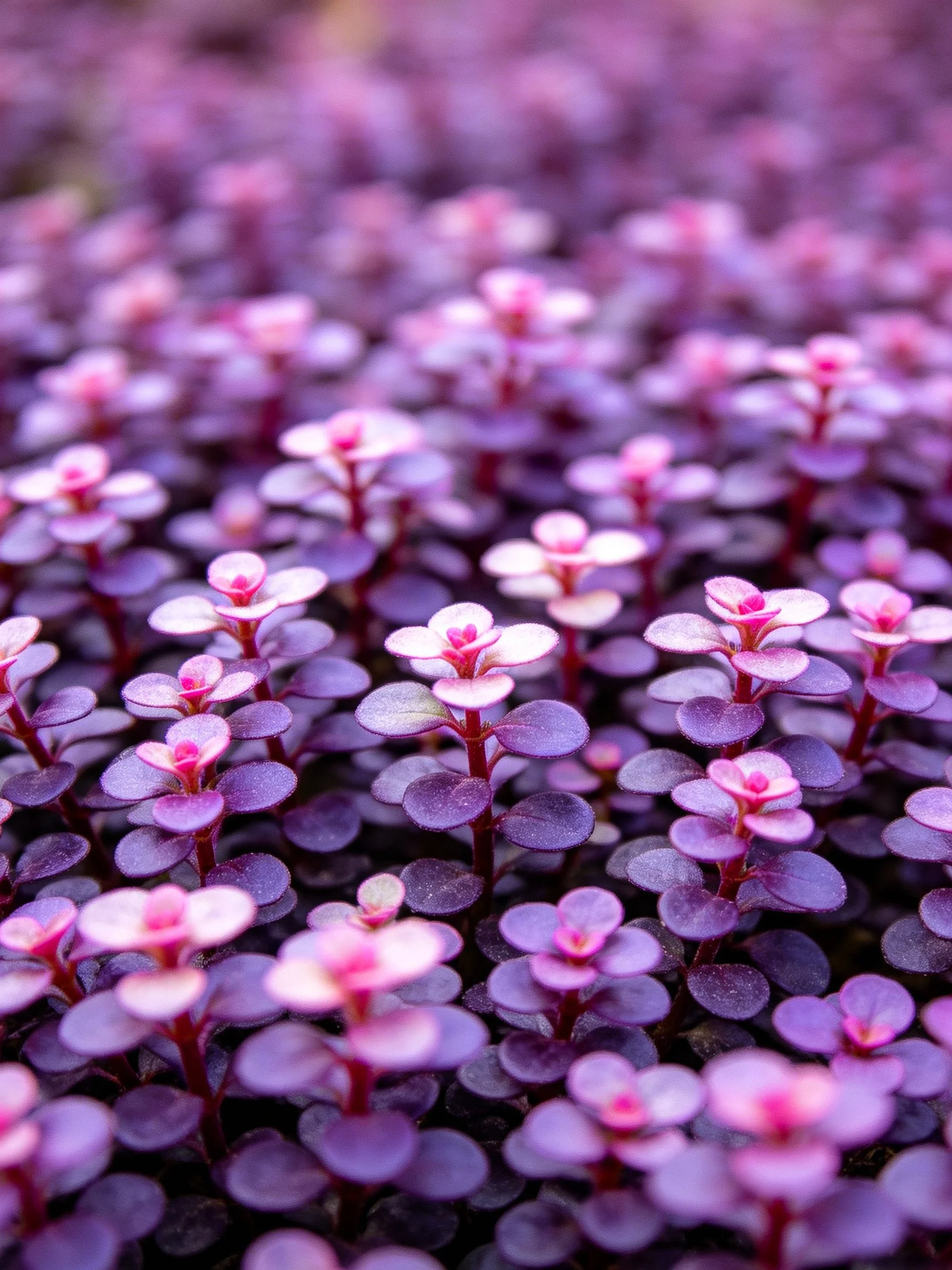 Dense cluster of small purple and pink flowering plants