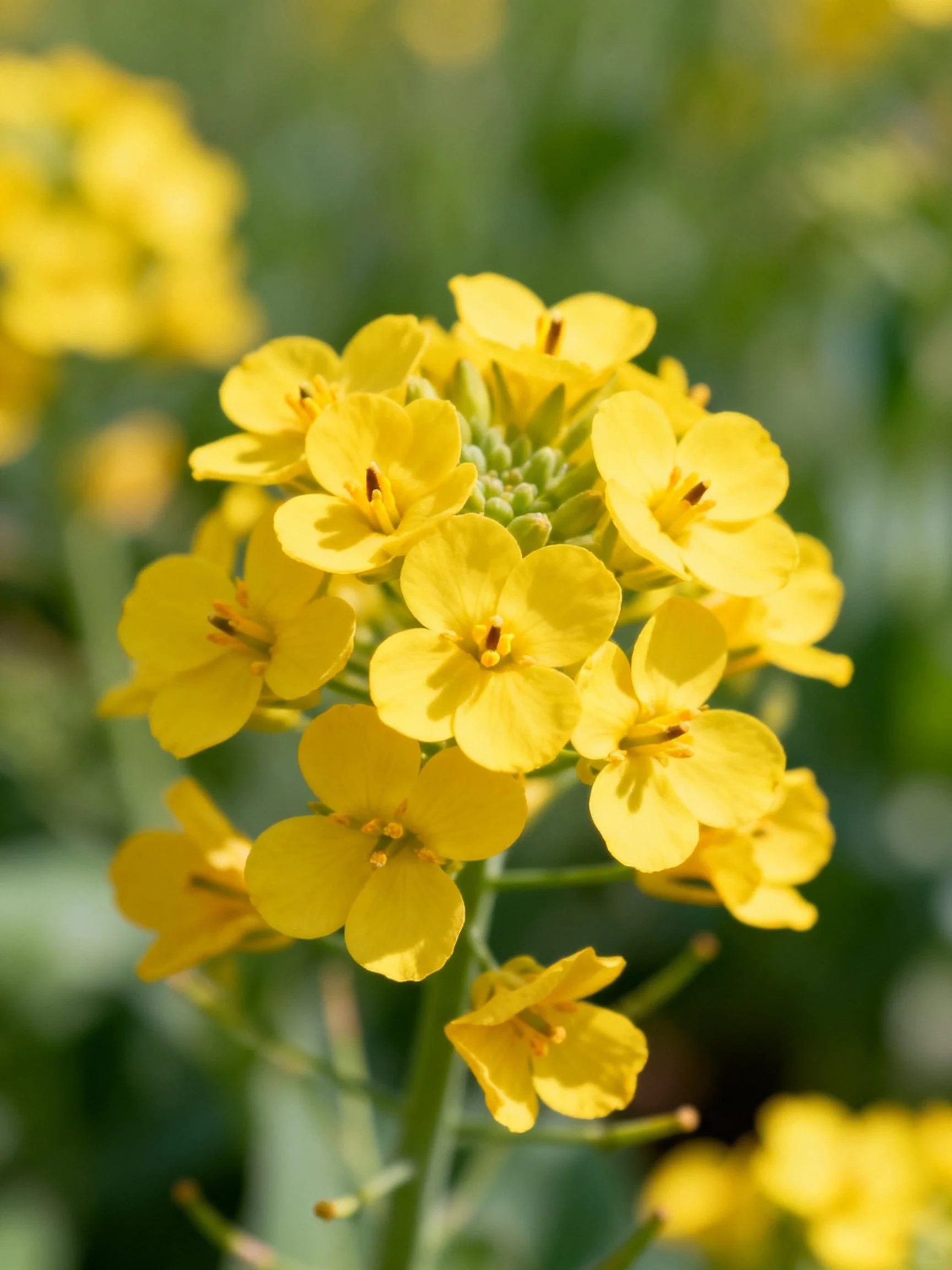 Dense cluster of small yellow flowers with green foliage background