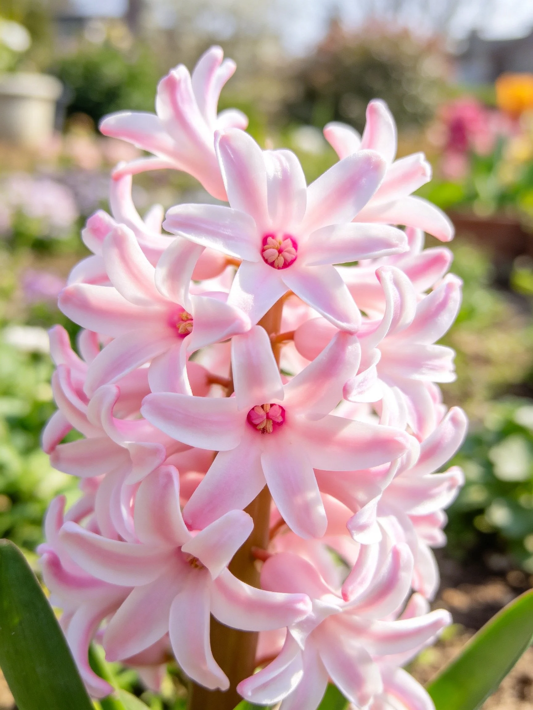 Dense cluster of soft pink hyacinth flowers in a garden