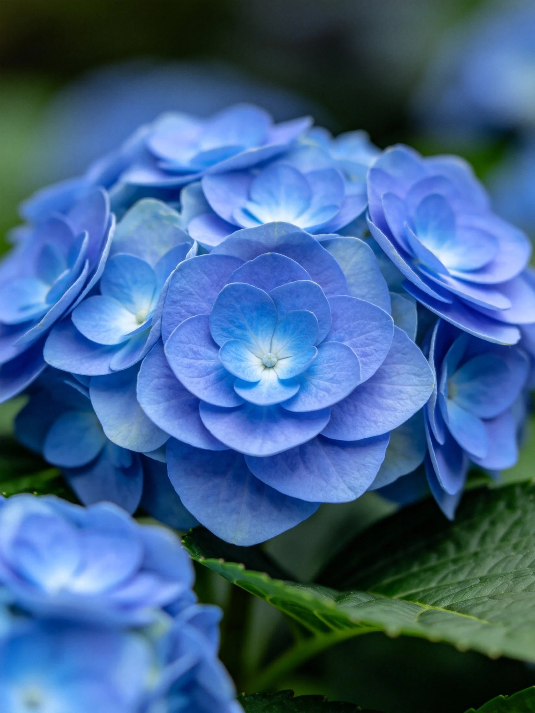 Dense cluster of vibrant blue hydrangea blossoms