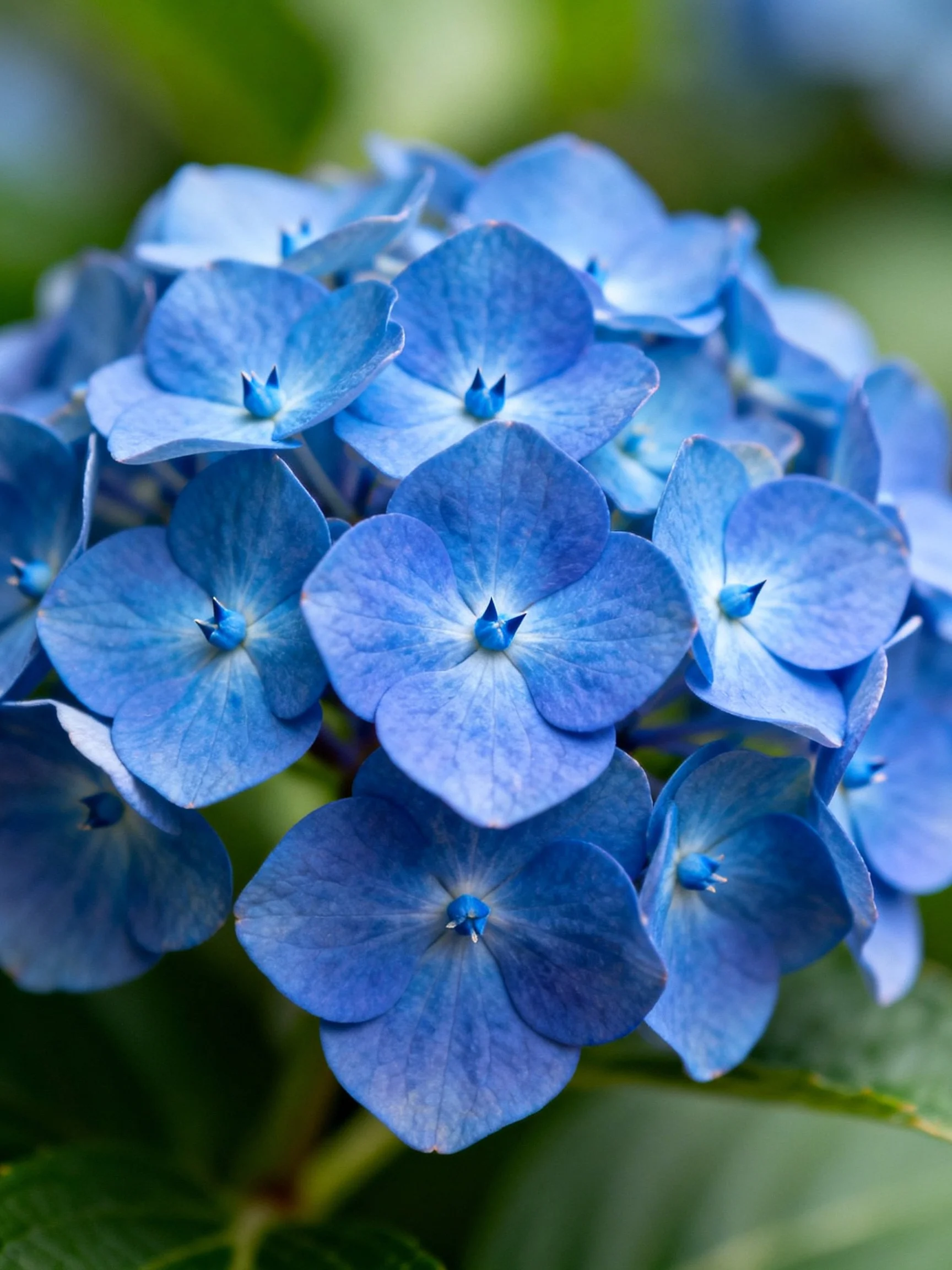 Dense cluster of vibrant blue hydrangea blossoms