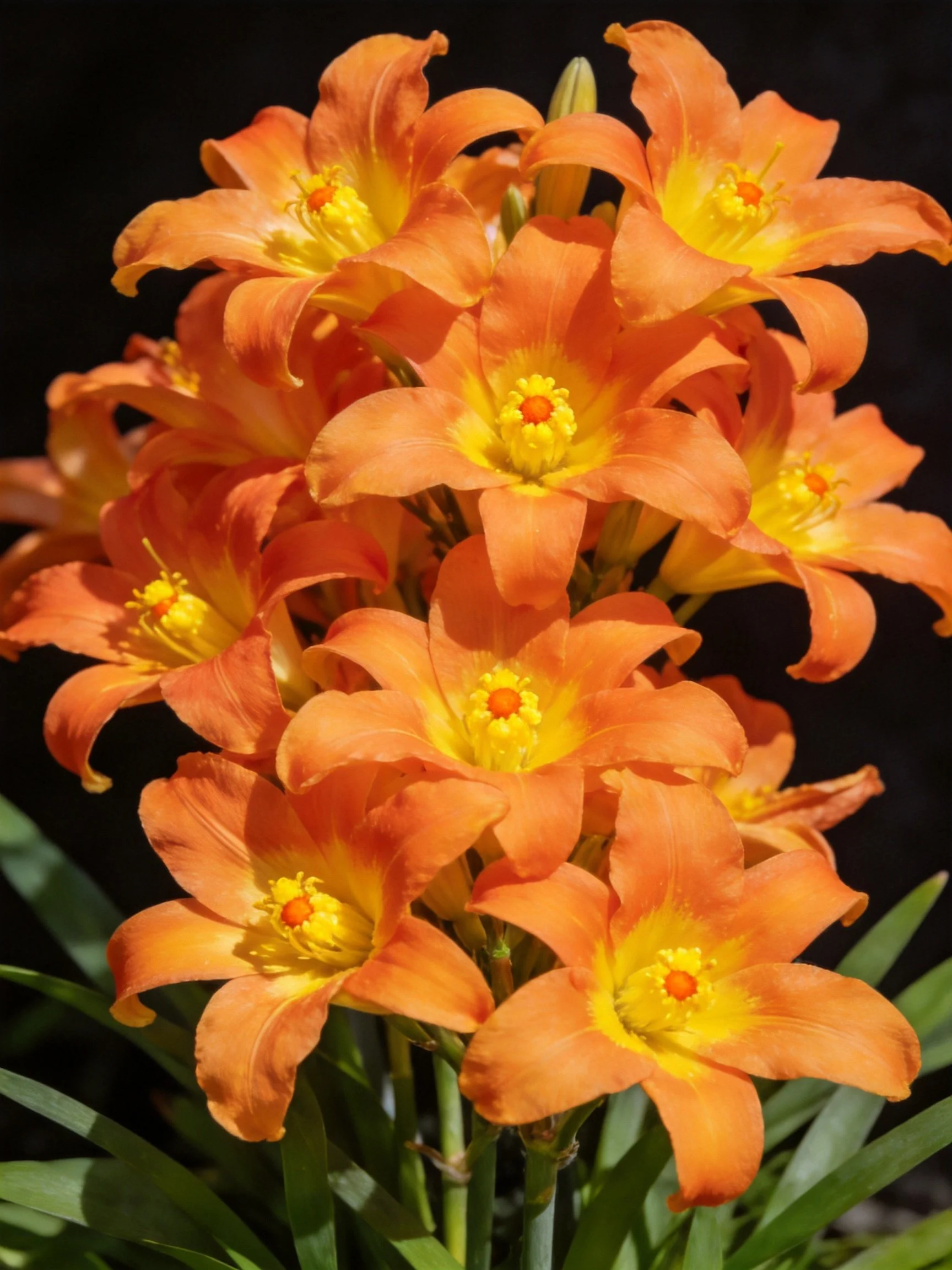 Dense cluster of vibrant orange flowers with yellow centers