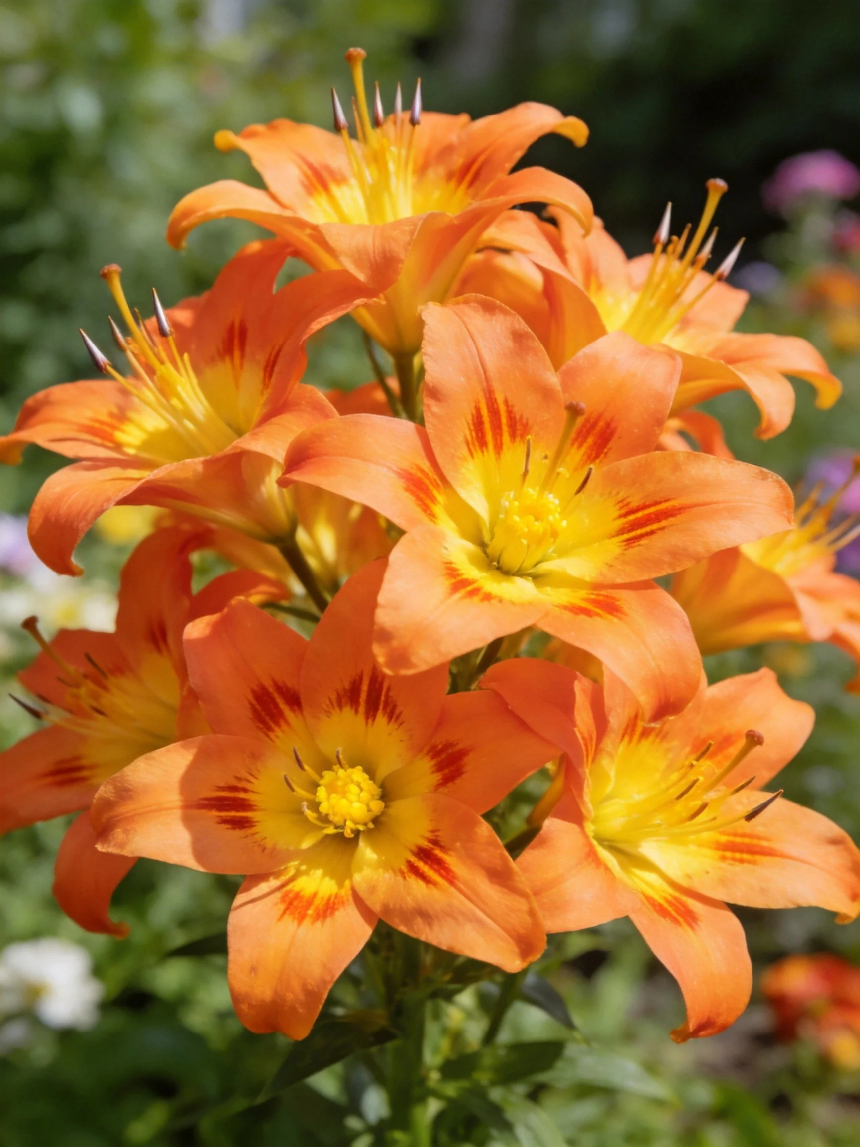 Dense cluster of vibrant orange lilies with yellow centers