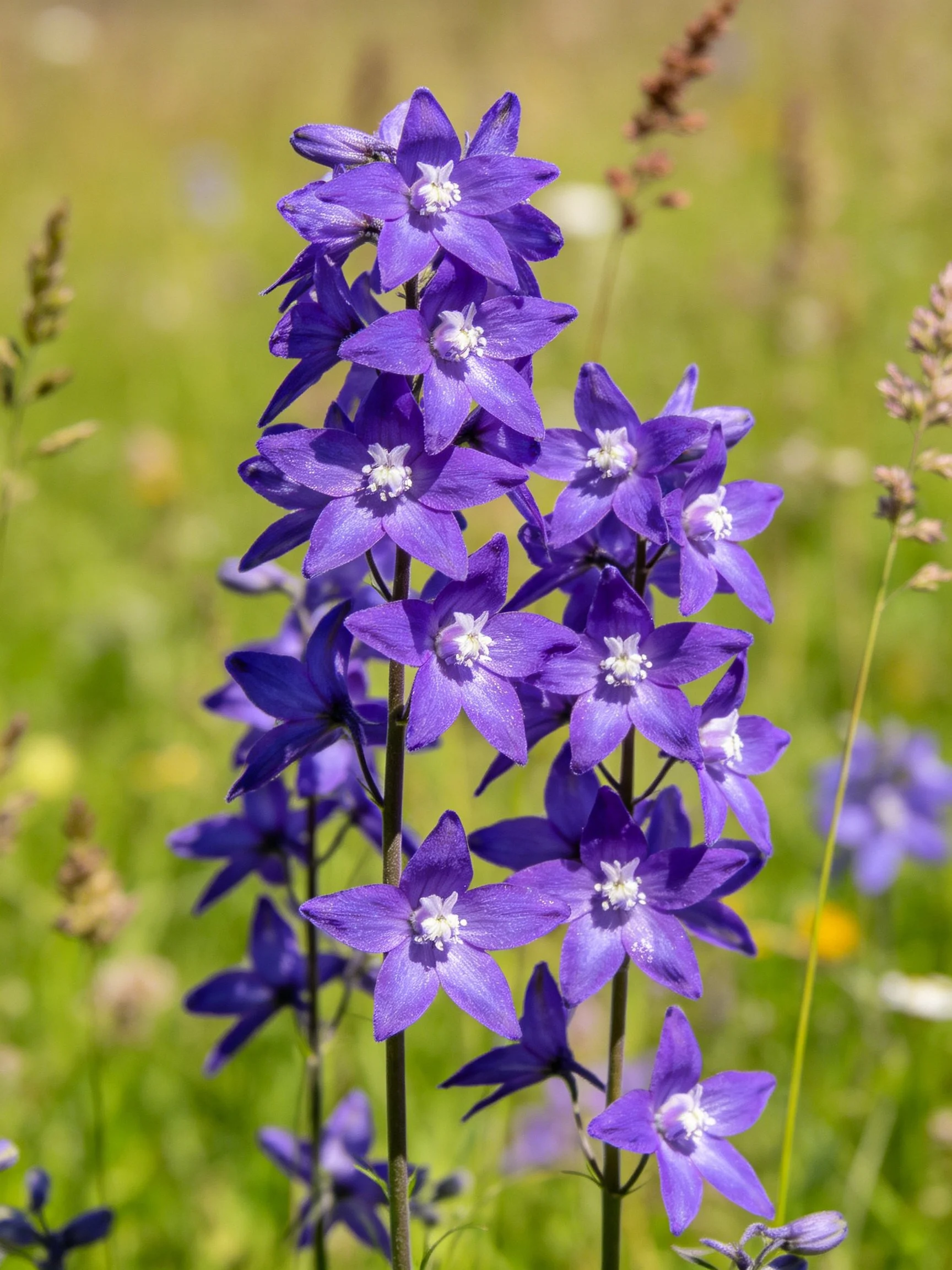 Dense cluster of vibrant purple bell - shaped flowers in a sunlit meadow