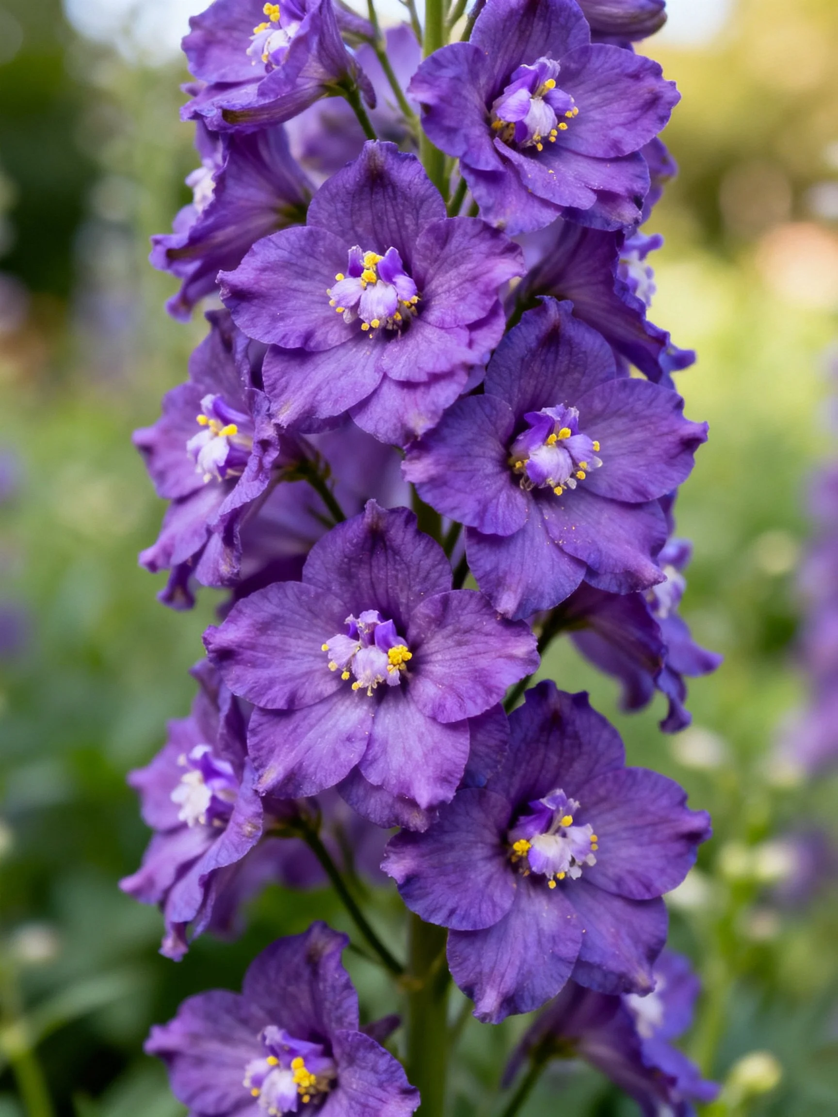 Dense cluster of vibrant purple delphinium blooms