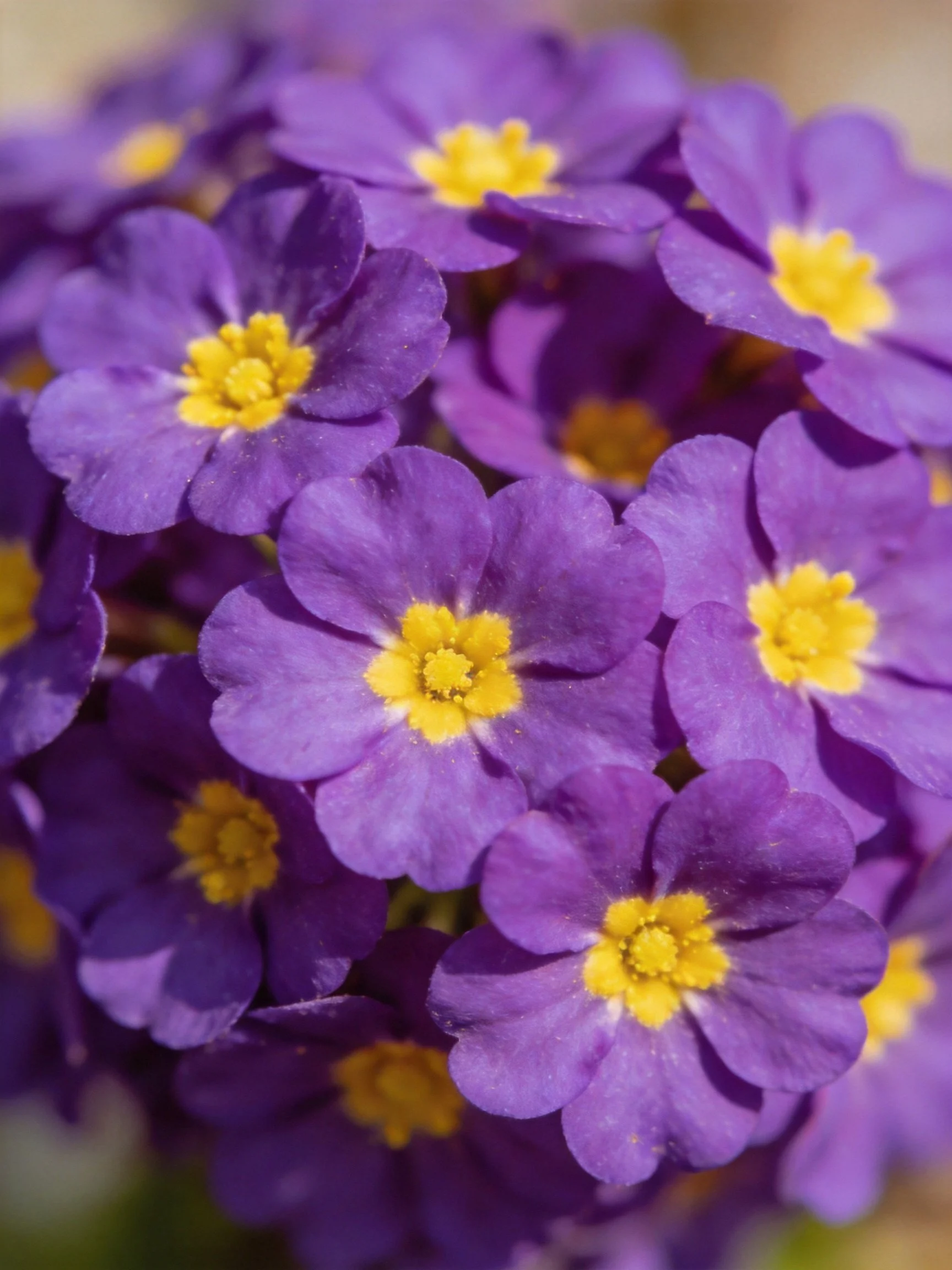 Dense cluster of vibrant purple flowers with bright yellow centers