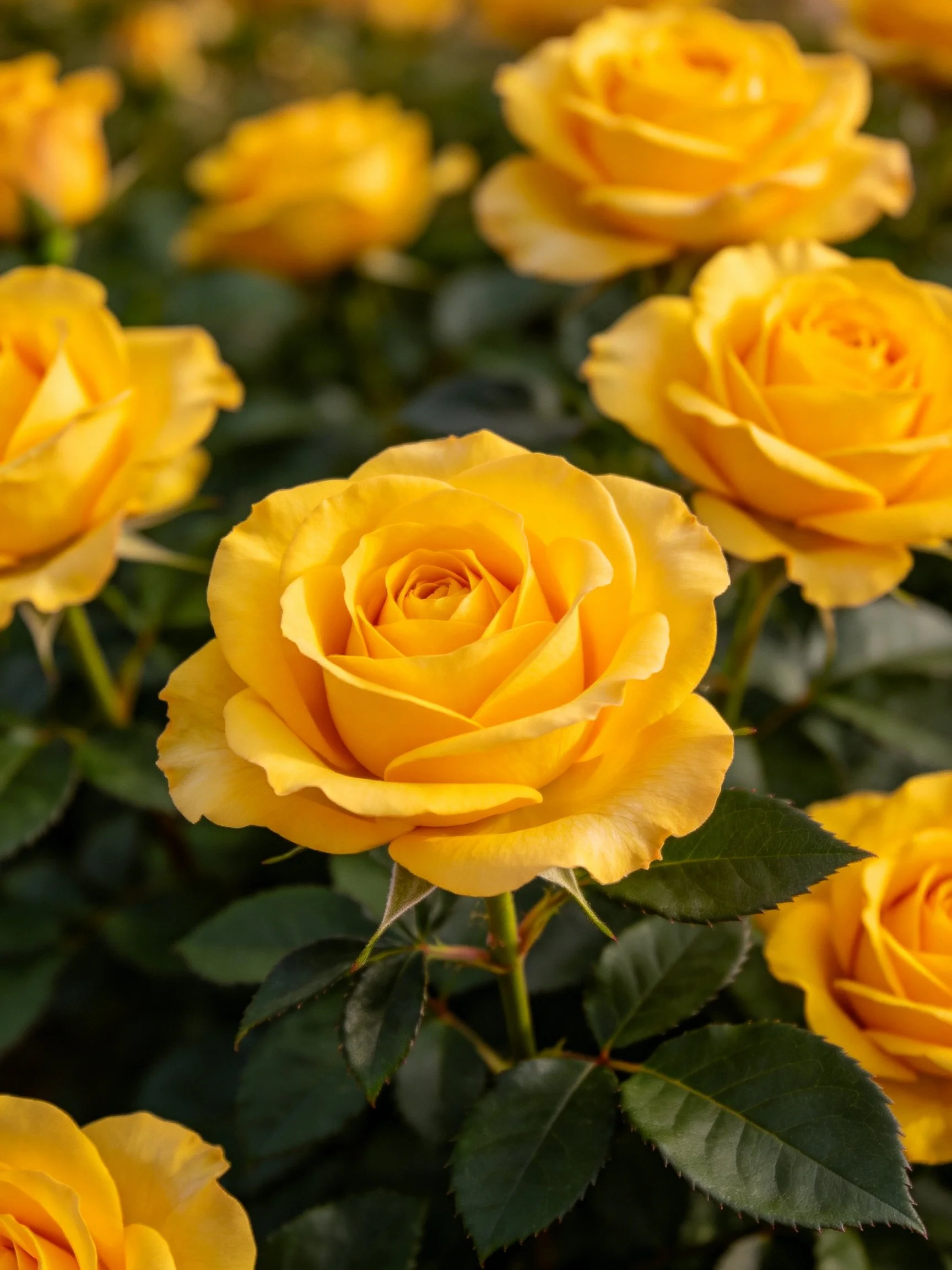 Dense cluster of vibrant yellow roses among dark green foliage